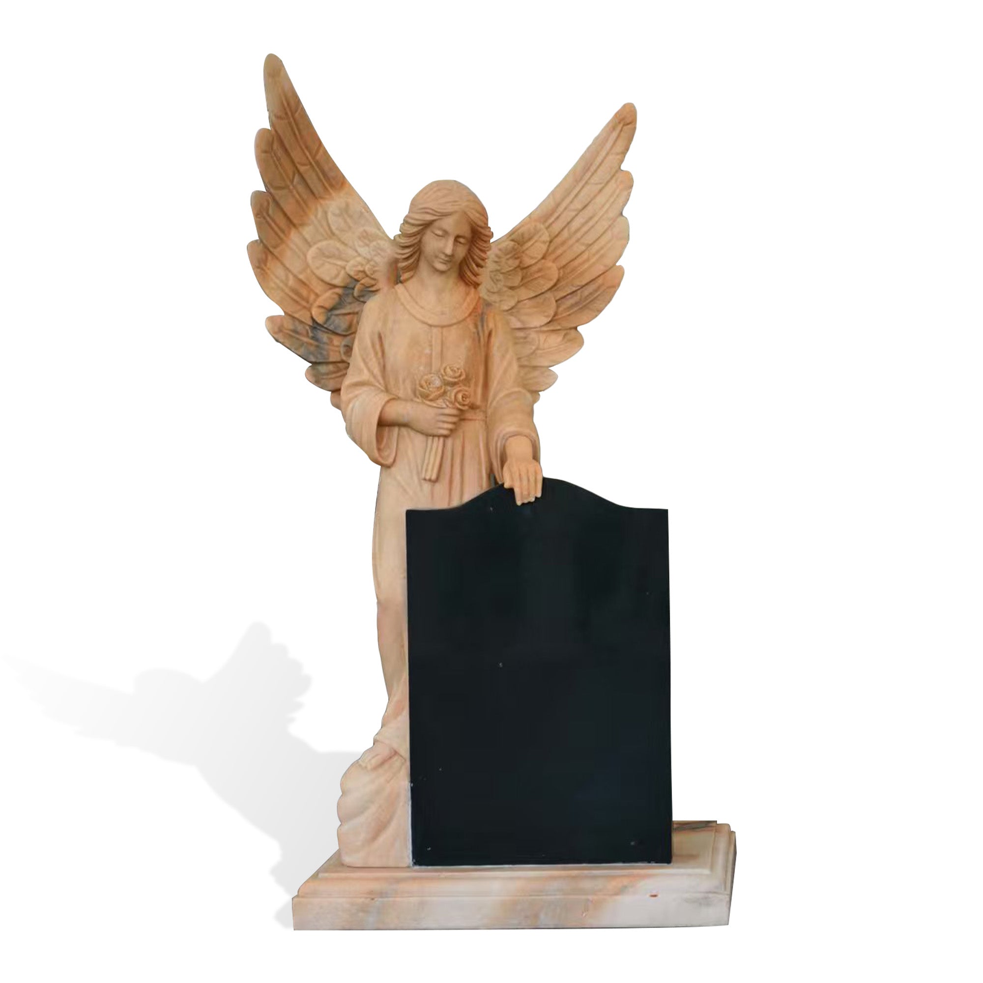 Natural yellow marble angel headstone memorial sculpture with black granite inscription panel, featuring an angel holding roses and gently resting a hand on the monument.