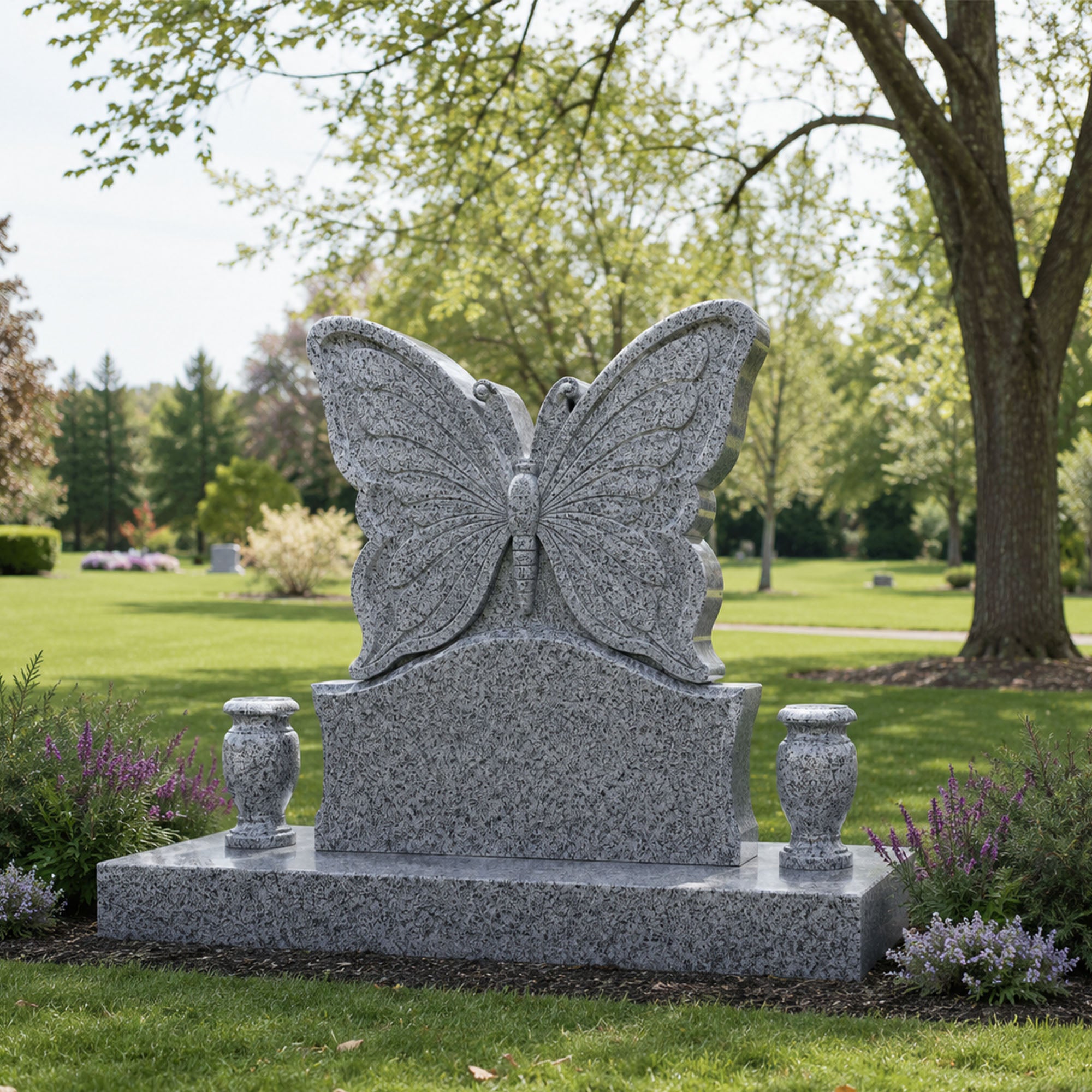 Hand-carved butterfly cemetery monument in natural gray granite with sculpted wings, integrated memorial tablet, and decorative granite vases in an outdoor remembrance garden.