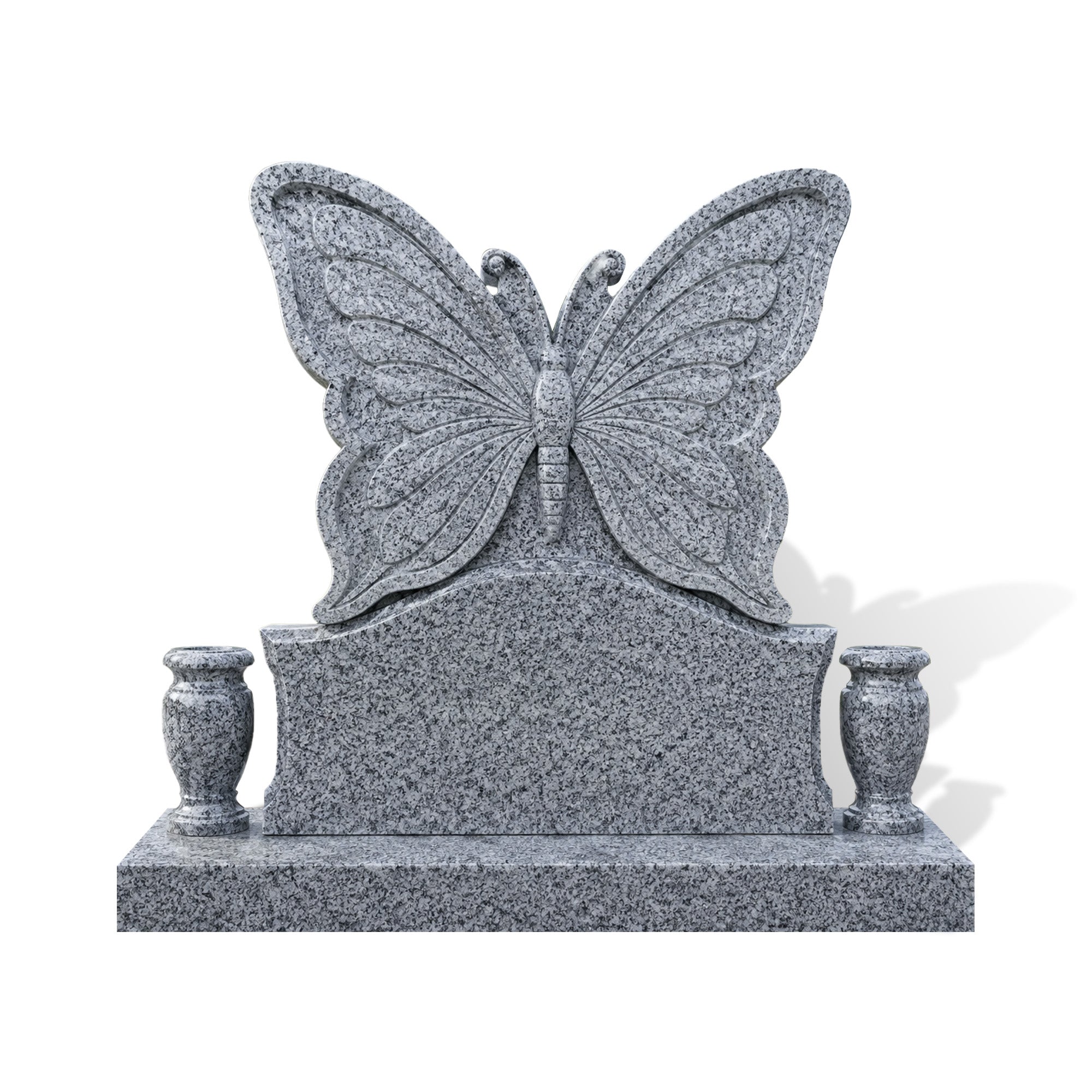 Natural gray granite butterfly headstone memorial sculpture featuring a hand-carved butterfly monument with detailed wings, twin flower vases, and a custom inscription panel.