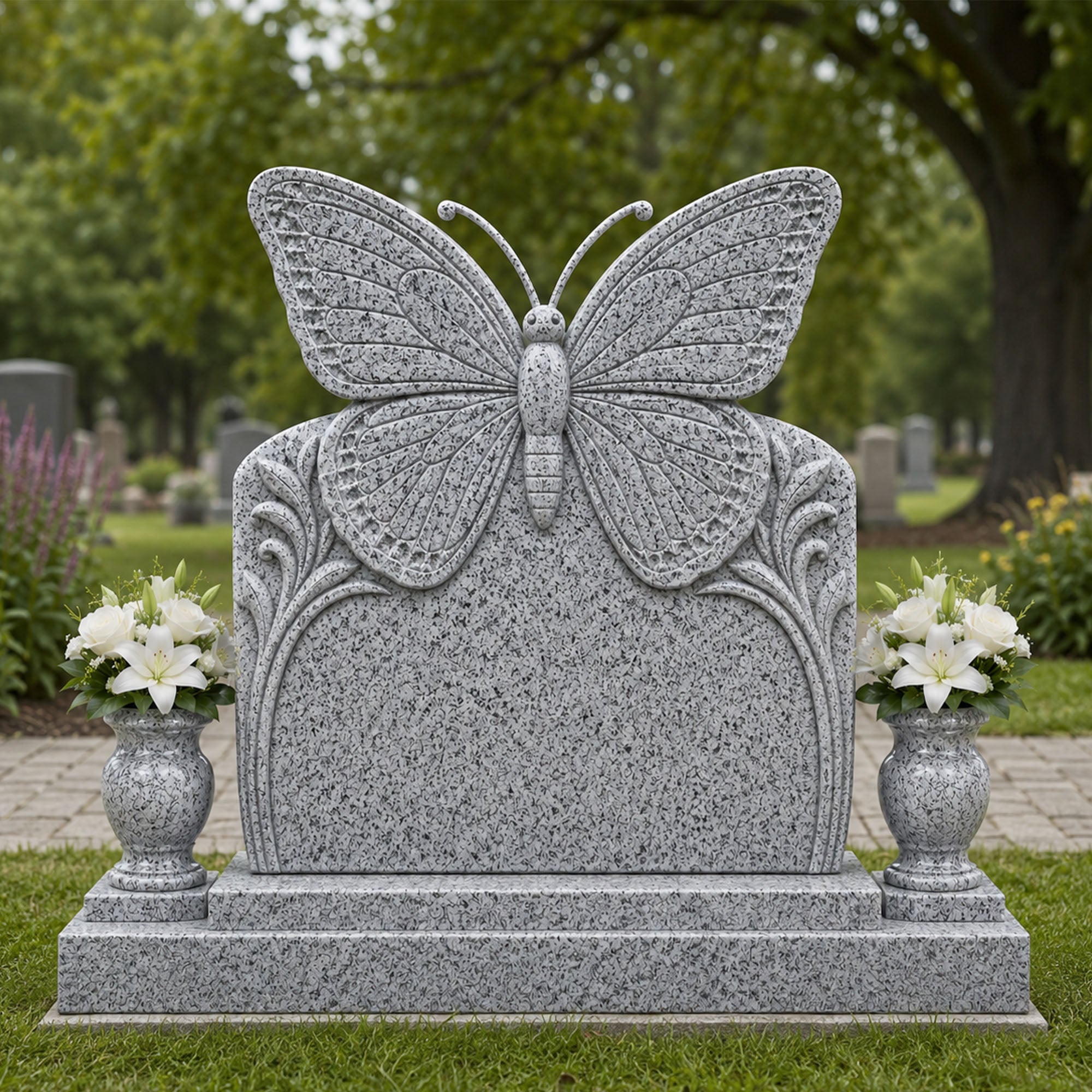Natural gray granite butterfly cemetery memorial installed in a garden setting, featuring an arched inscription panel, carved butterfly wings, decorative side scrolls, and twin flower vases.