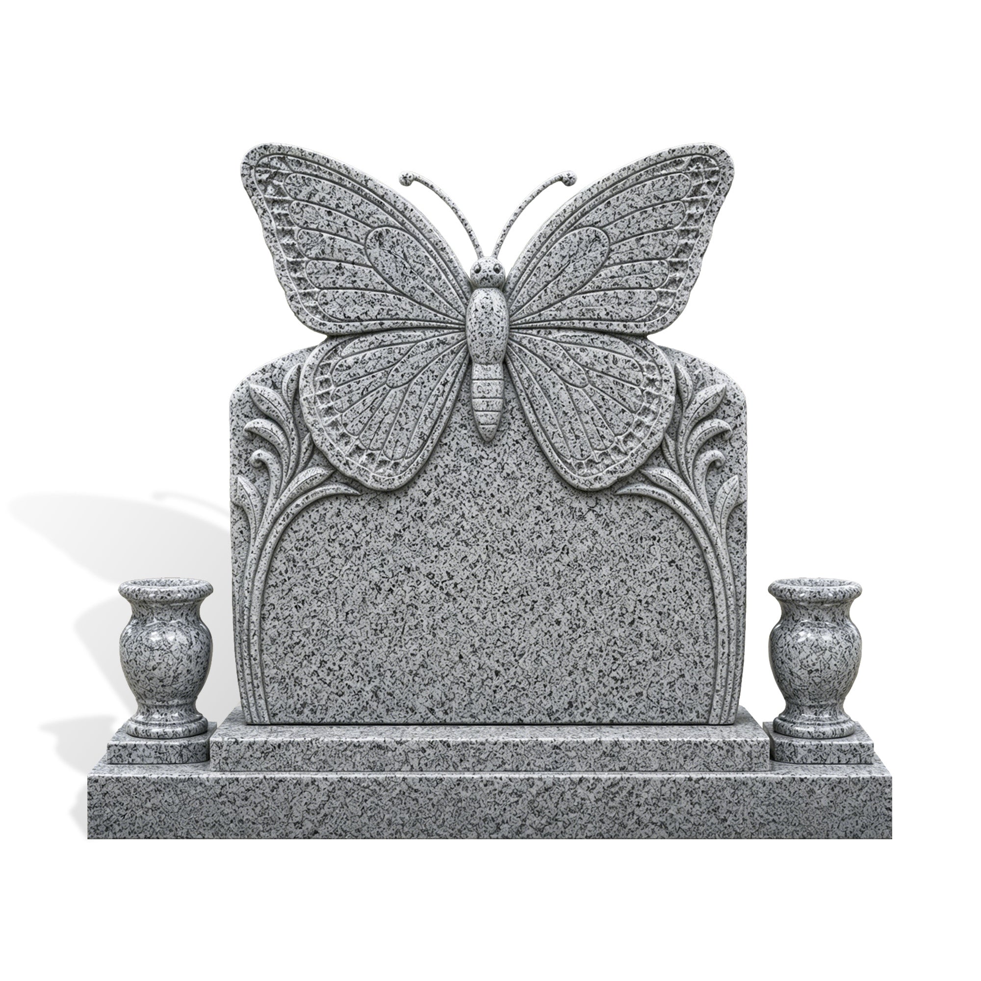 Natural gray granite butterfly headstone with raised butterfly topper, arched memorial tablet, floral scroll carving, and matching side vases.