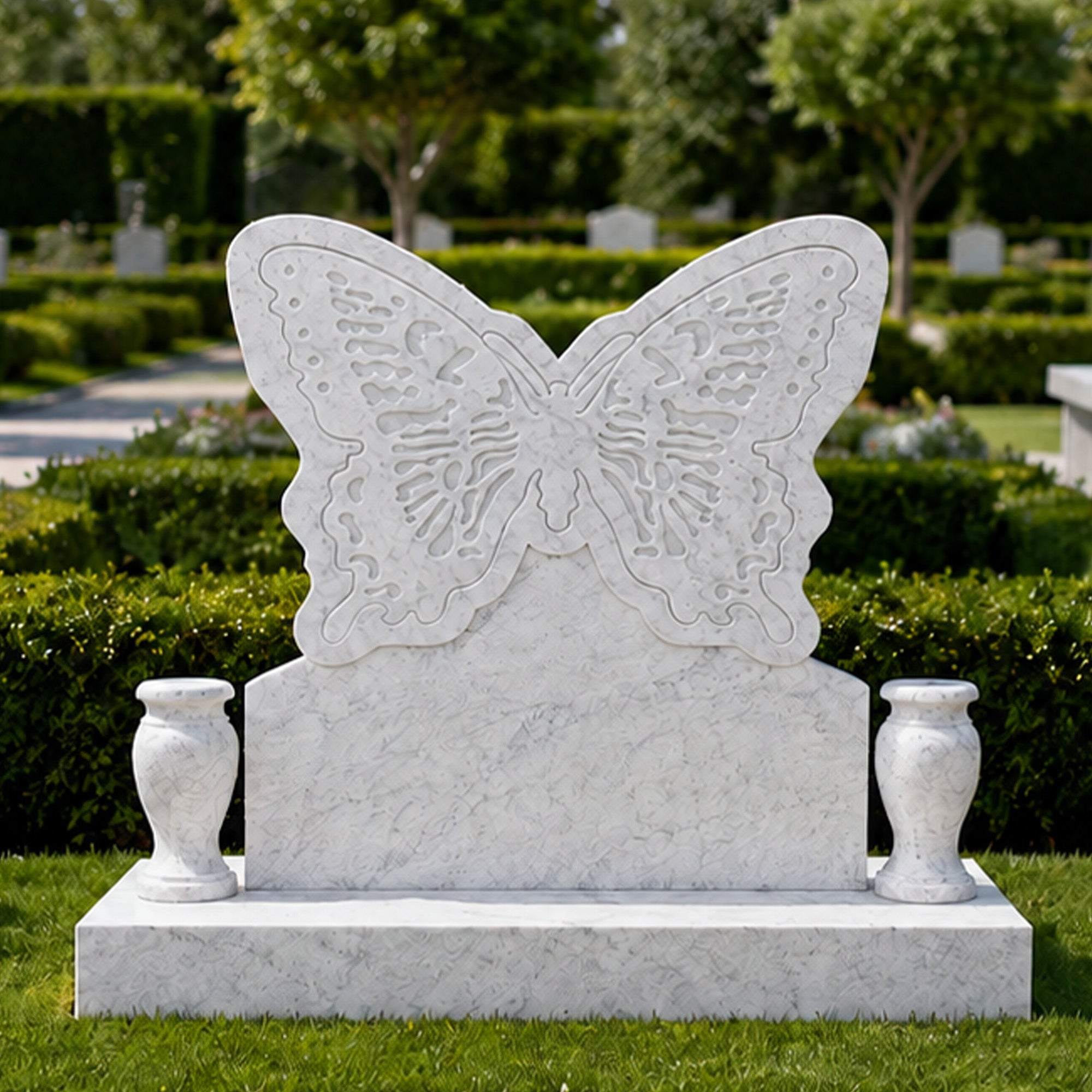 Carrara white marble butterfly headstone memorial sculpture with a carved butterfly topper, clean inscription panel, matching flower vases, and soft gray veining.