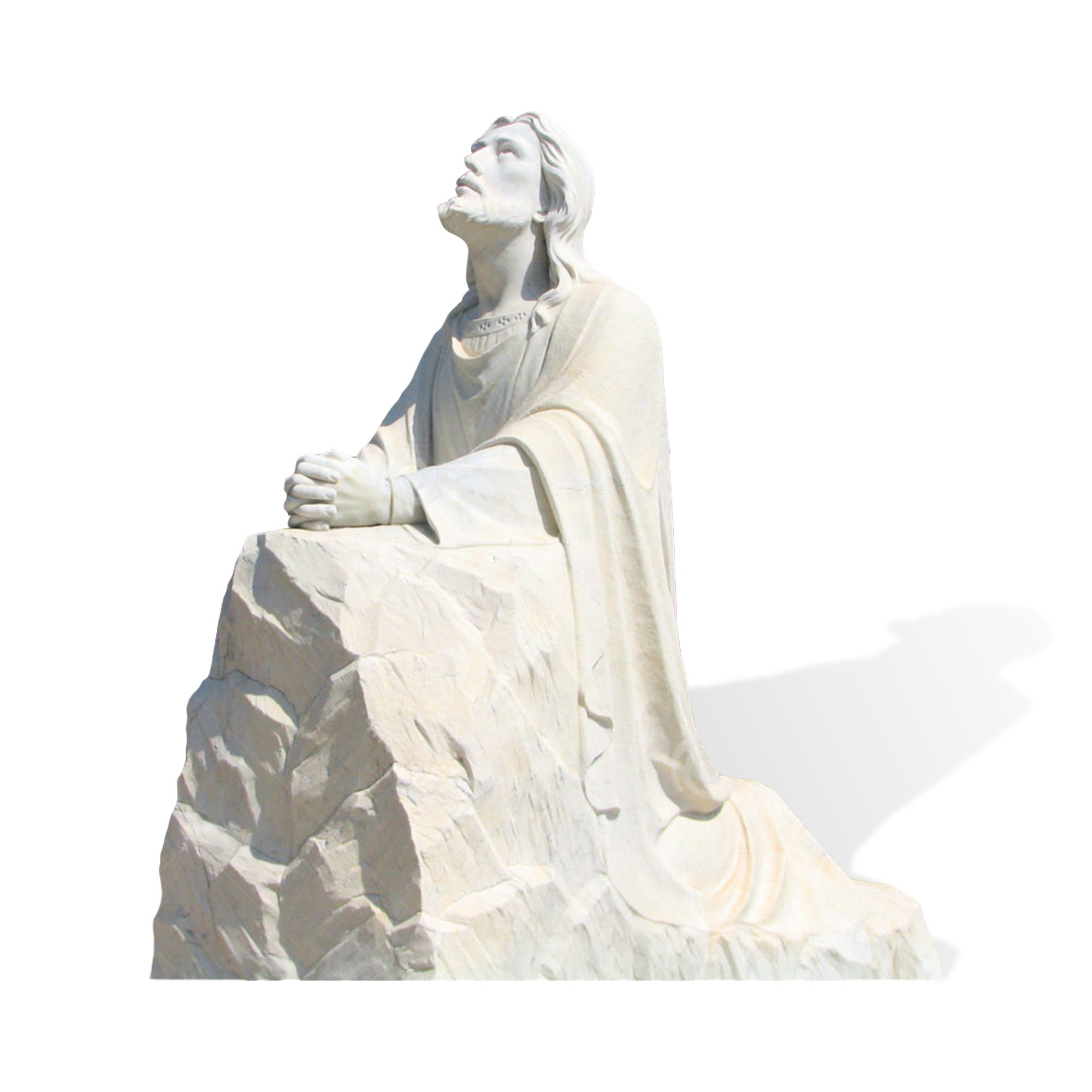 Hand carved white marble Christ in Gethsemane prayer statue depicting Jesus kneeling beside a rock with folded hands in prayer.
