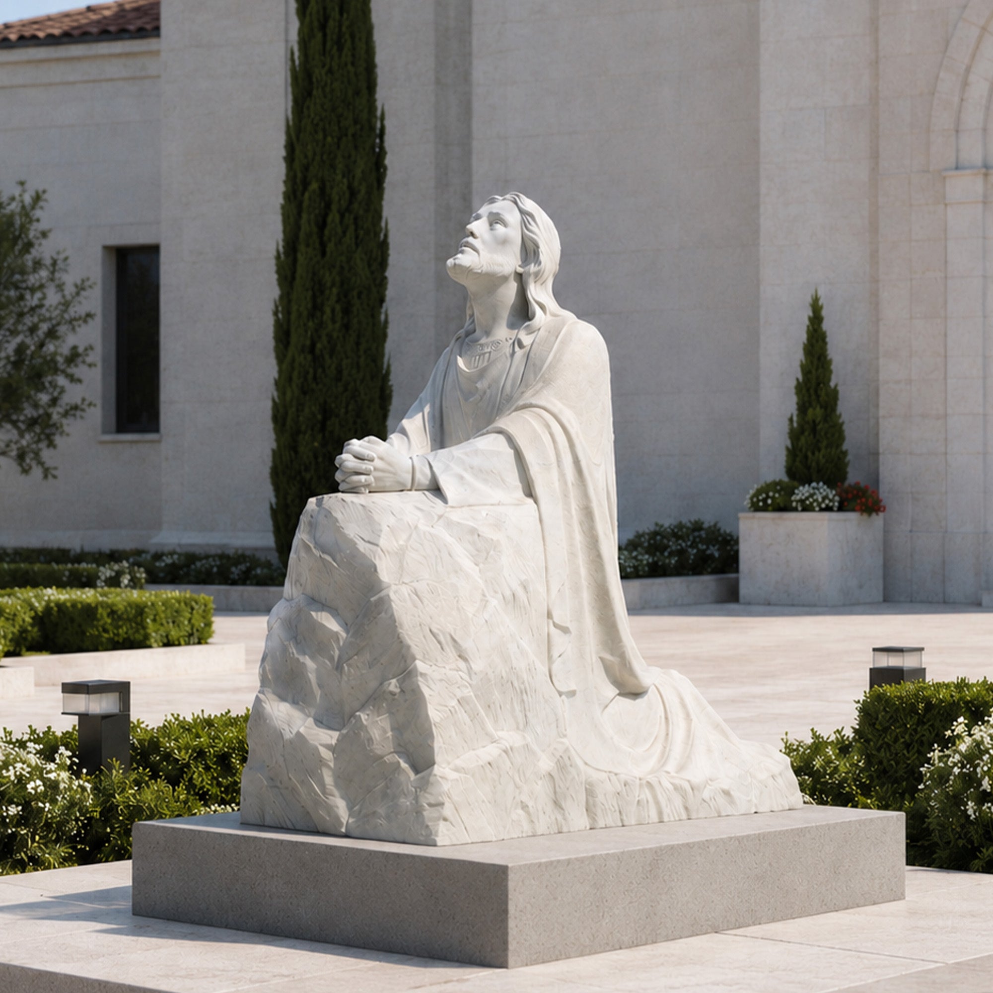 Life size hand carved white marble Jesus Praying in the Garden of Gethsemane statue displayed in an outdoor church prayer garden.