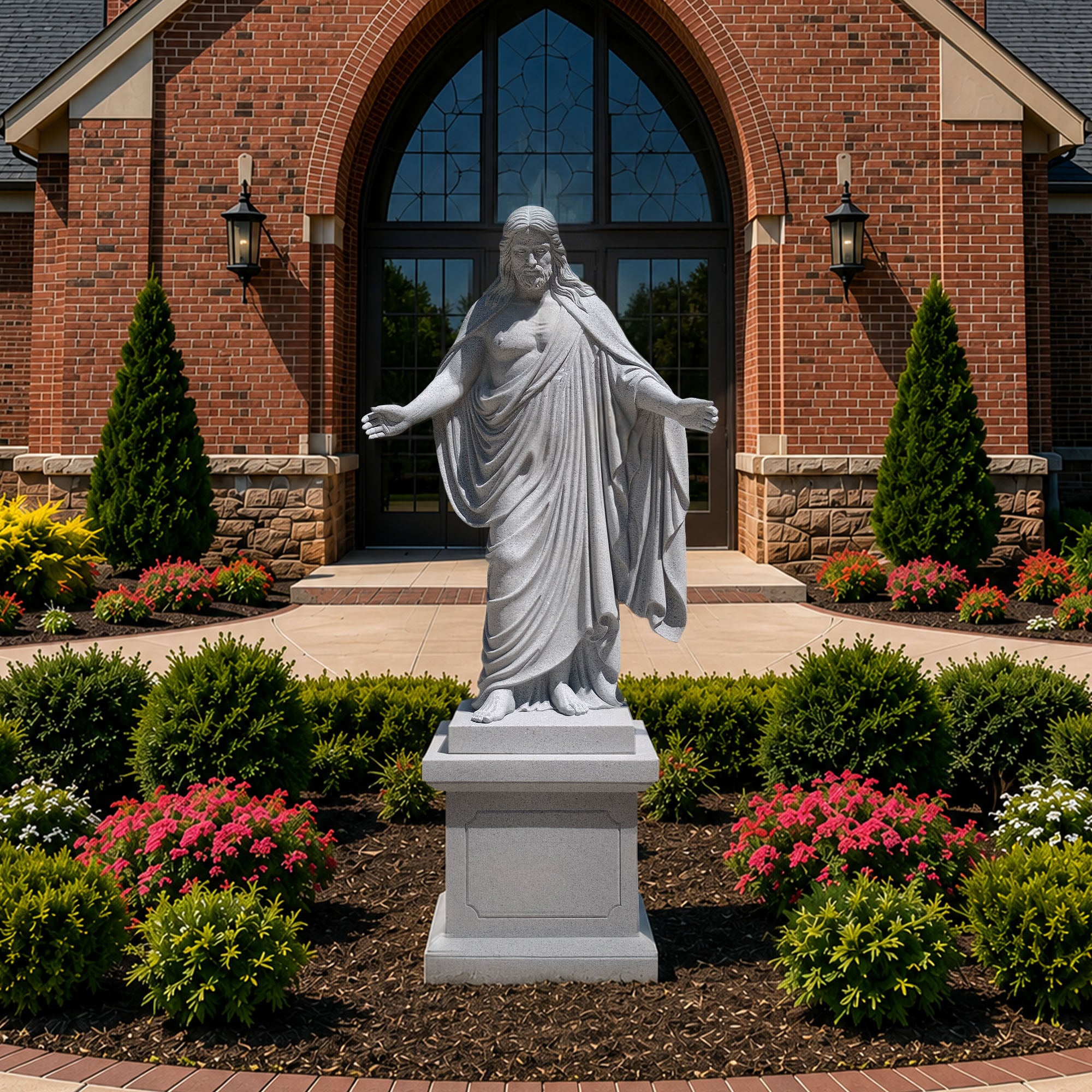 Life size natural grey granite Christ the Redeemer statue with open arms displayed in front of a church entrance.