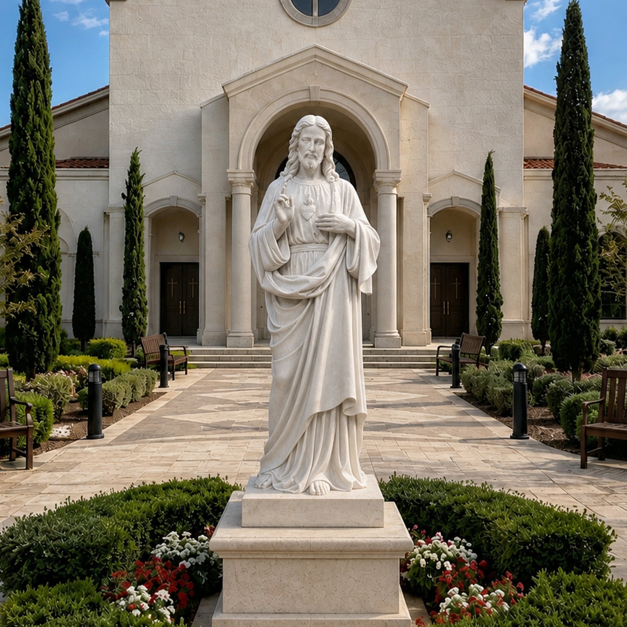 Life size hand carved marble Sacred Heart of Jesus statue displayed at the entrance of a Christian church.