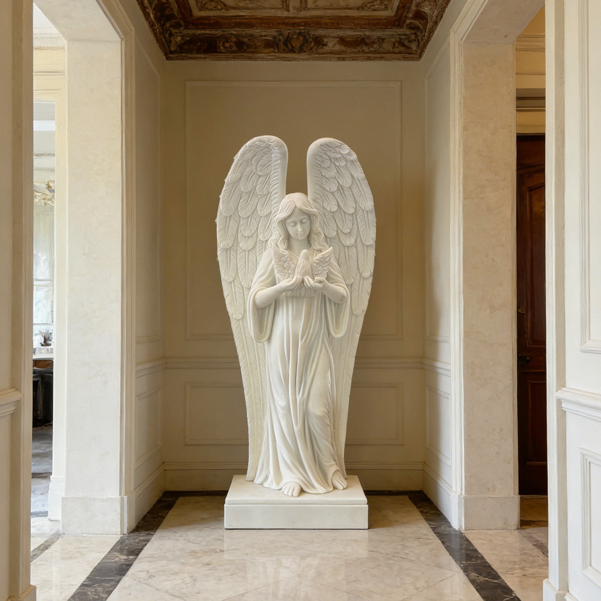 Hand-carved white marble guardian angel holding a dove displayed inside a private estate, bringing elegance, peace, and sacred to  interiors.