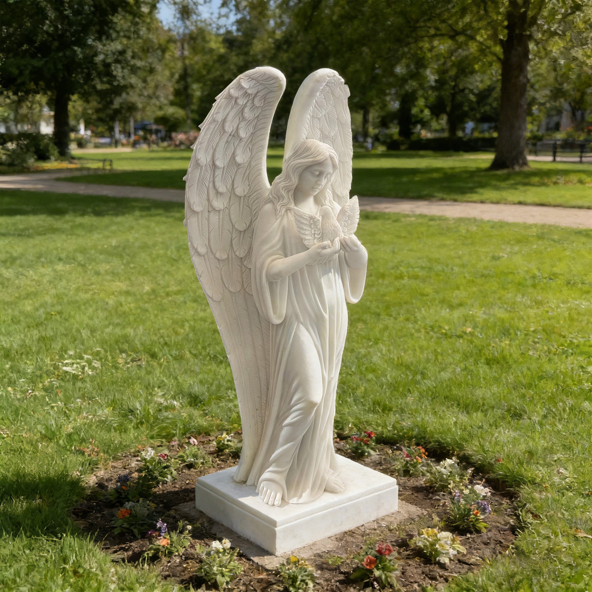 White marble guardian angel statue holding a dove installed in a peaceful memorial garden, creating a comforting focal point for remembrance, reflection, and spiritual healing.