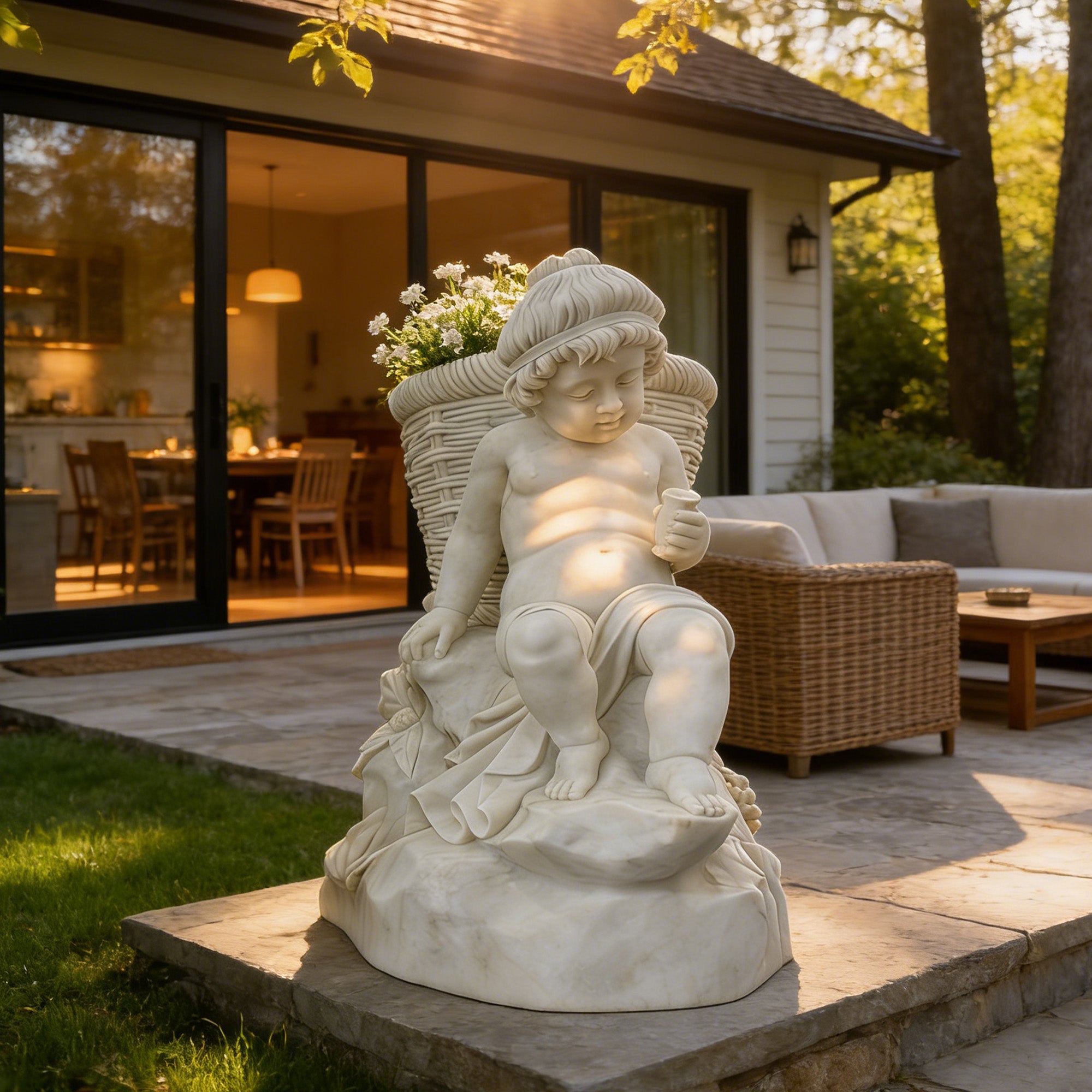Natural white marble "Harvest Daydream" cherub garden statue displayed on a farmhouse patio, featuring a seated putto with a basket and harvest-themed carving details.