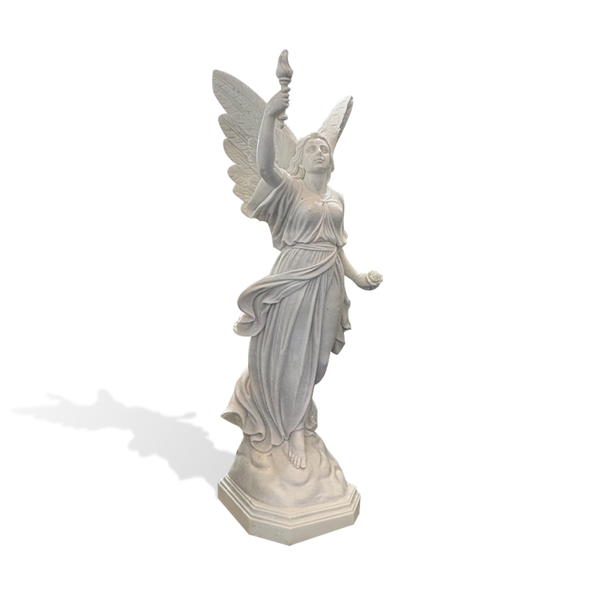 Marble winged angel statue holding a torch and rose, with flowing robes and detailed wings on white background