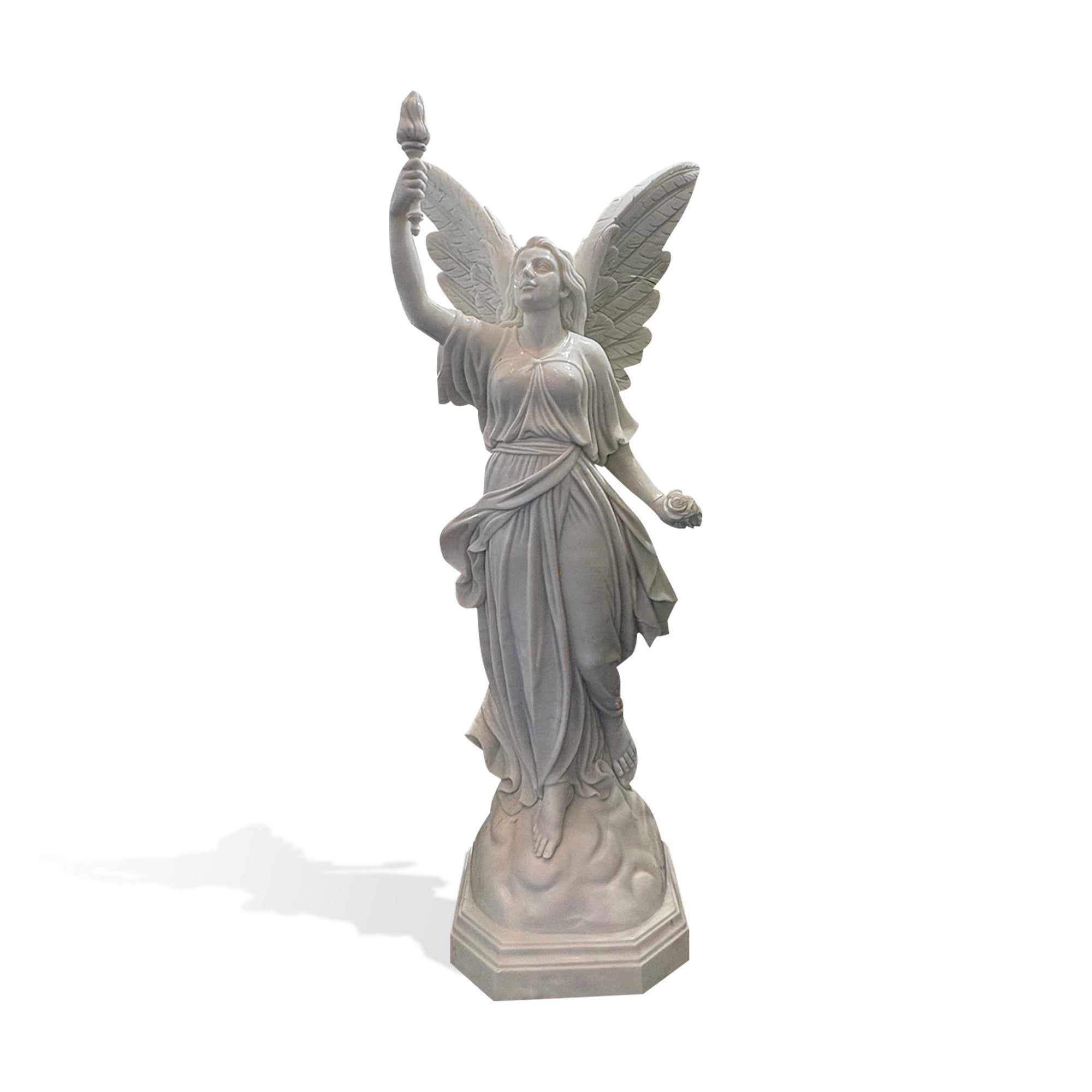 Front view of marble winged angel statue holding a raised torch and rose, with classical drapery and octagonal base