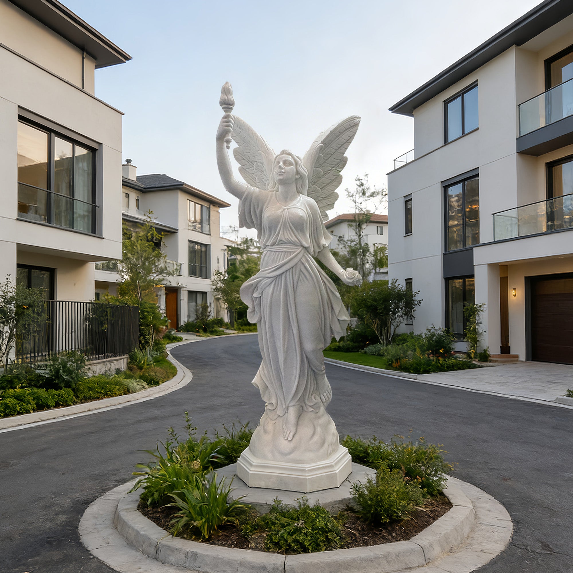 Outdoor marble winged angel statue with raised torch installed in a villa garden roundabout as a classical landscape sculpture