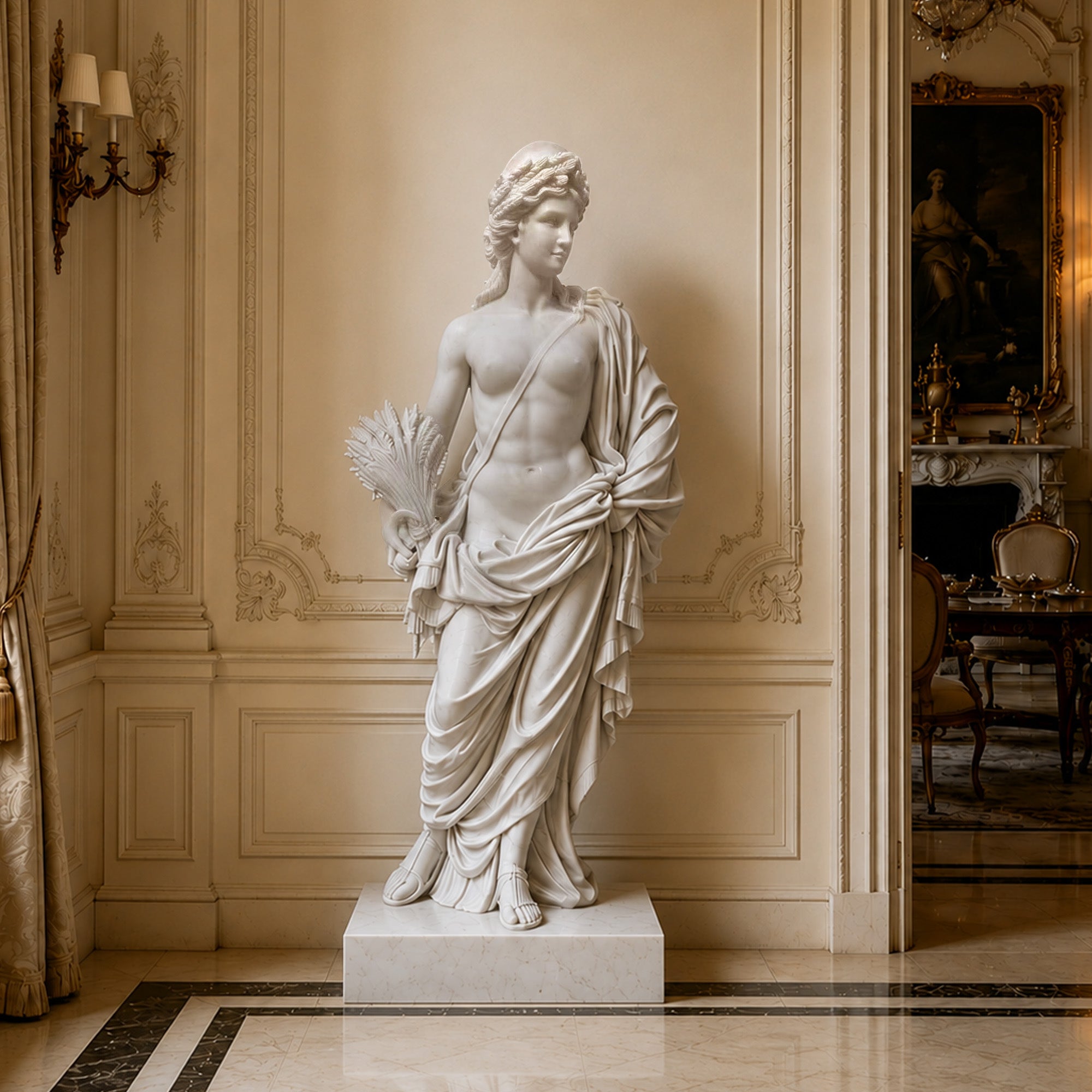 Classical marble harvest goddess statue displayed in a luxury interior, featuring a graceful female figure with flowing drapery and wheat detail