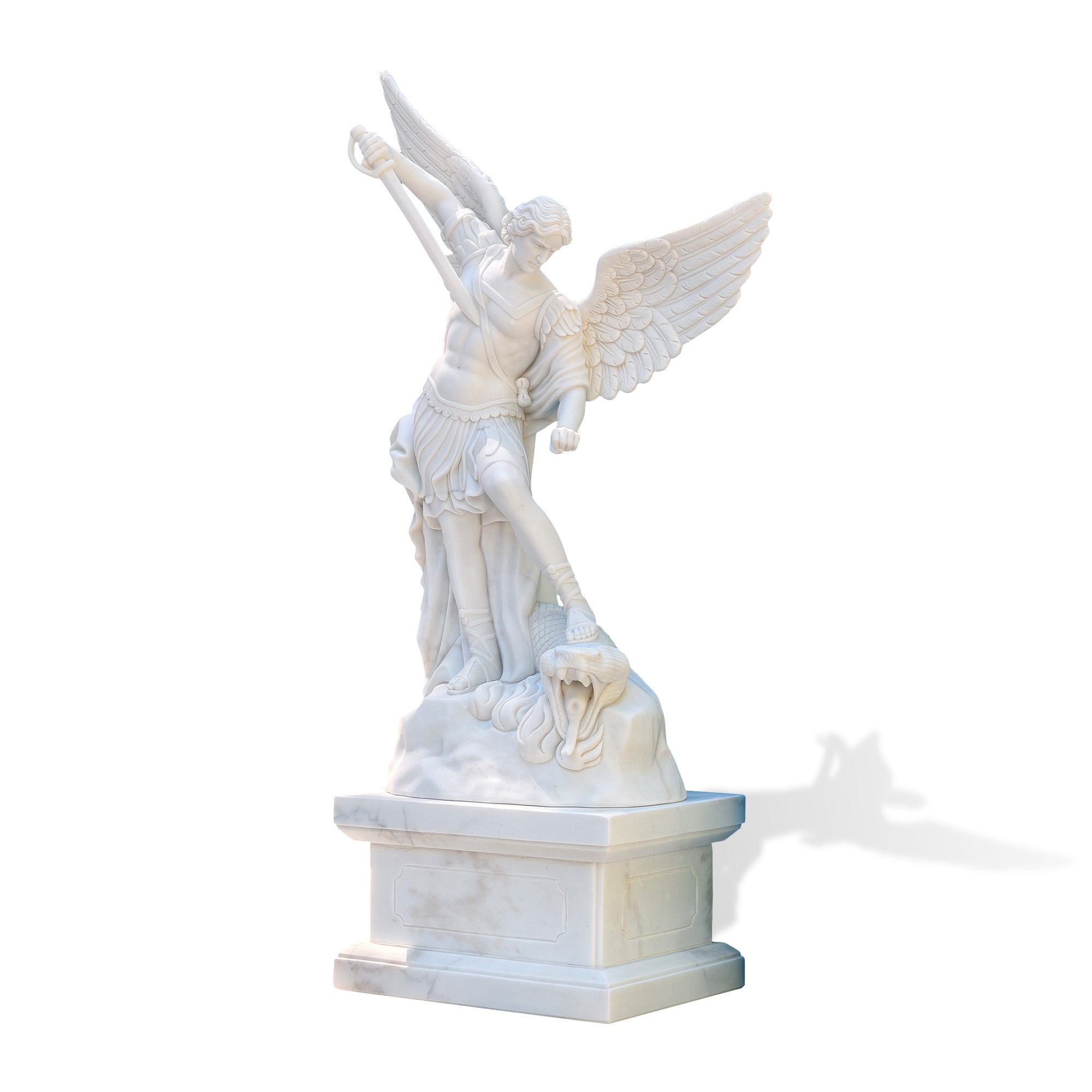 Side view of Saint Michael Archangel marble statue showing raised sword, detailed feathered wings, classical armor, and serpent beneath his foot