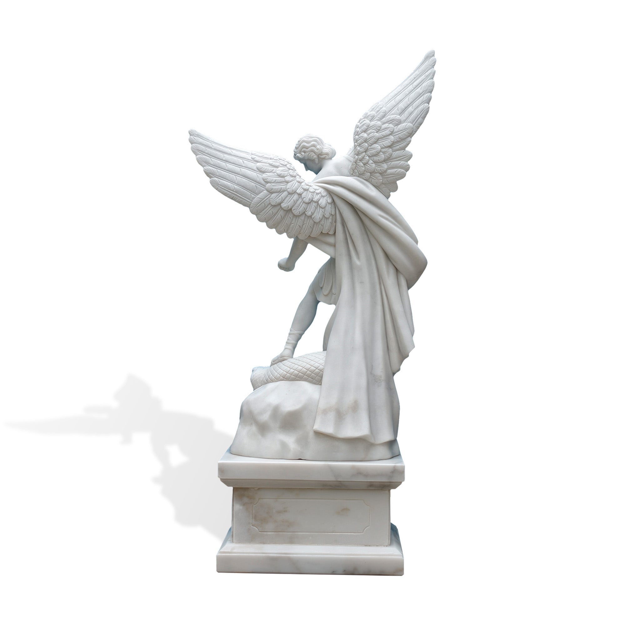 Back view of white marble Saint Michael statue with large carved wings, flowing cloak, and classical religious sculpture details