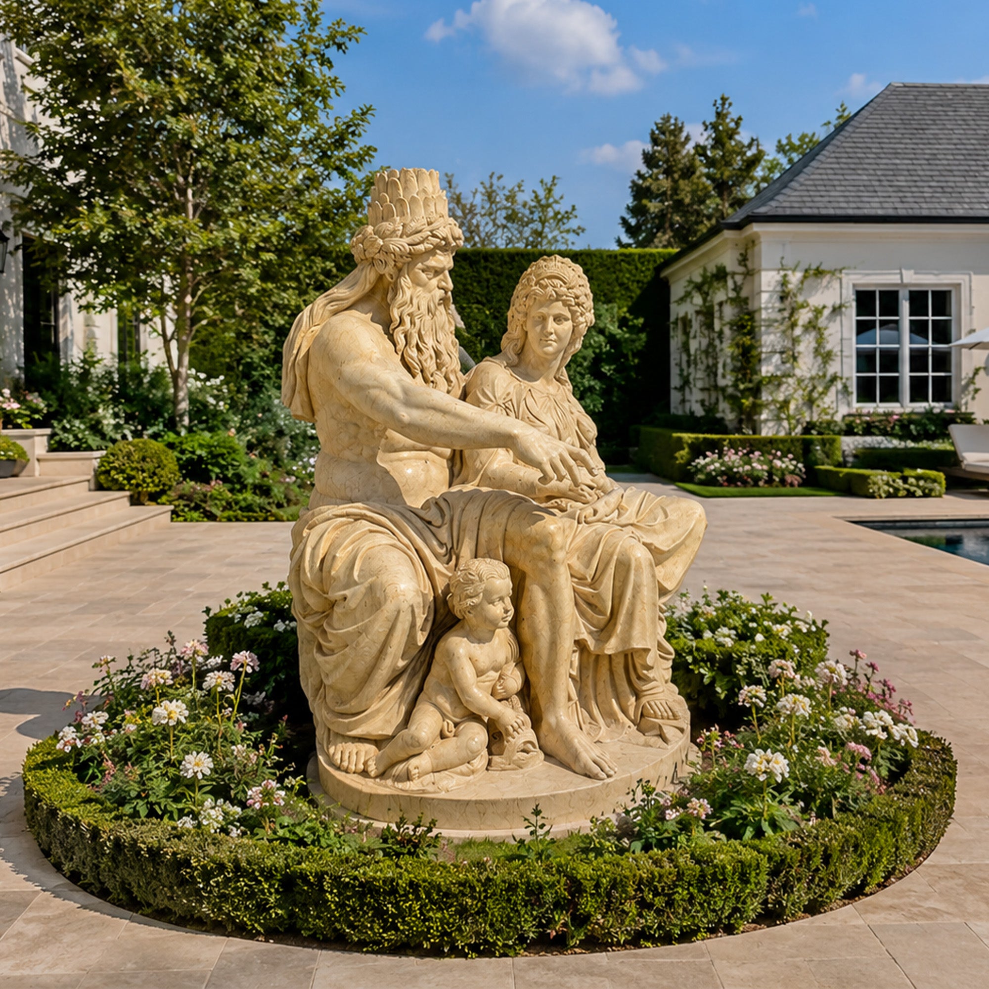 Cream marble Neptune and Salacia fountain replica displayed in a luxury garden, featuring classical Roman sea god figures with child detail and carved drapery