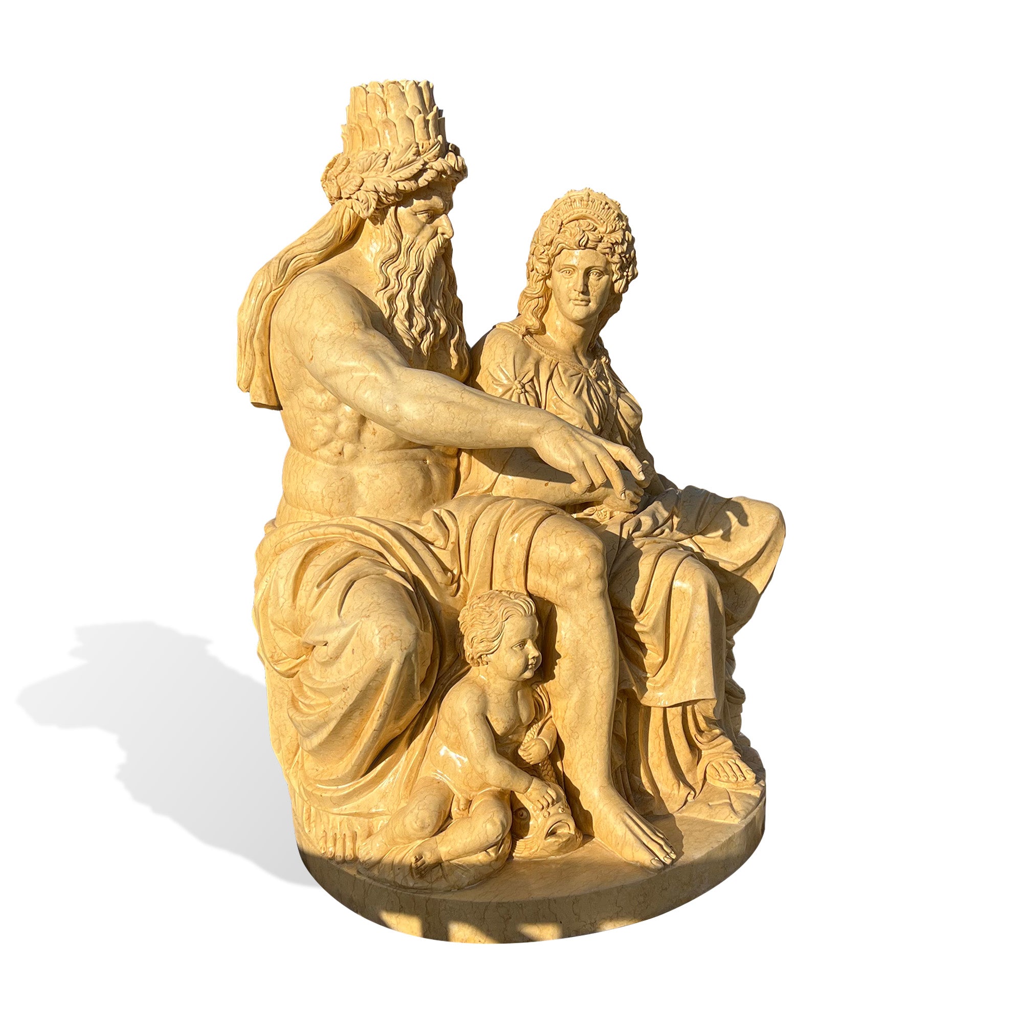 Famous marble Neptune and Salacia fountain replica with seated Roman sea god, Salacia figure, child sculpture, beige marble finish, and classical round base