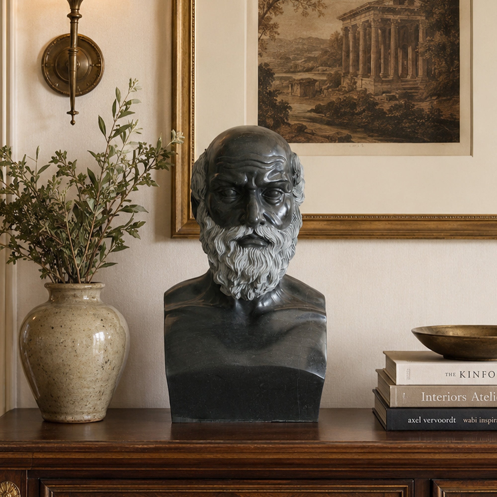 Classical philosopher black stone bust displayed on a wooden console, featuring polished dark stone face, carved white beard, scholar portrait design, and study room interior decor