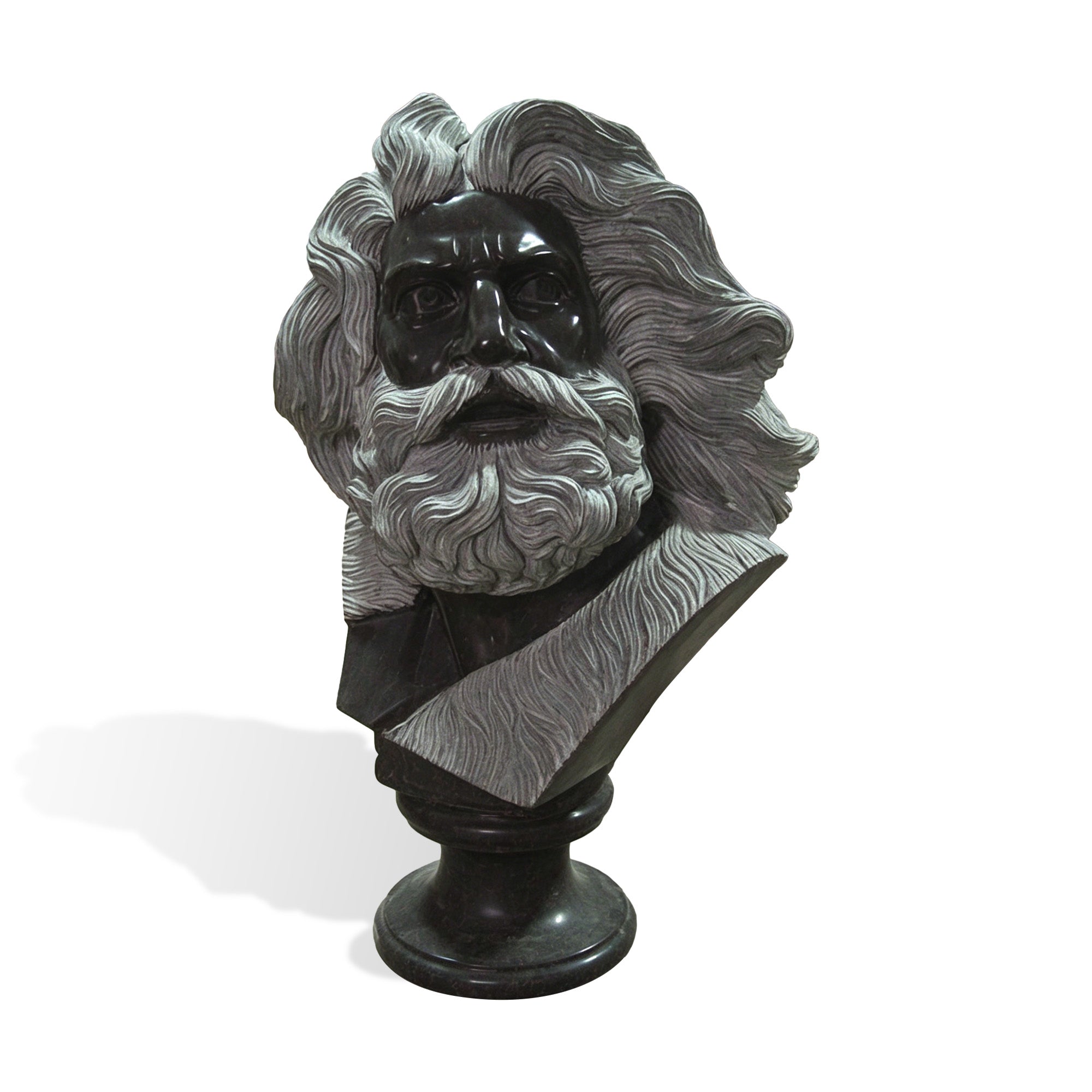 Karl Marx black stone bust sculpture with detailed white hair and beard, serious philosopher expression, polished dark face, and classical pedestal on white background