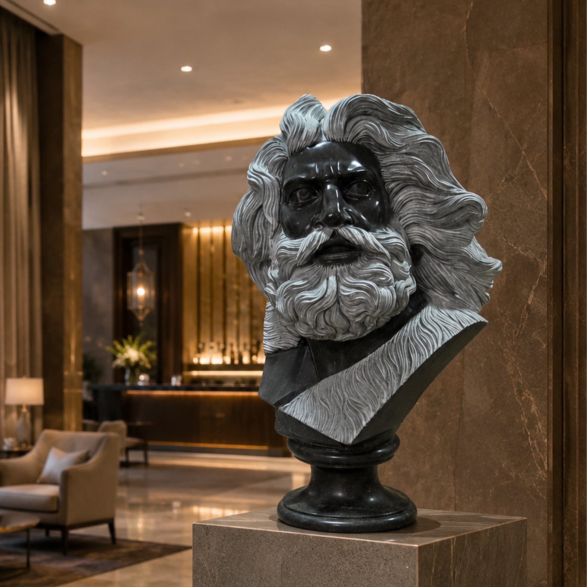 Karl Marx black stone bust sculpture displayed in a luxury interior, featuring expressive philosopher portrait, white carved hair and beard, and classical pedestal base