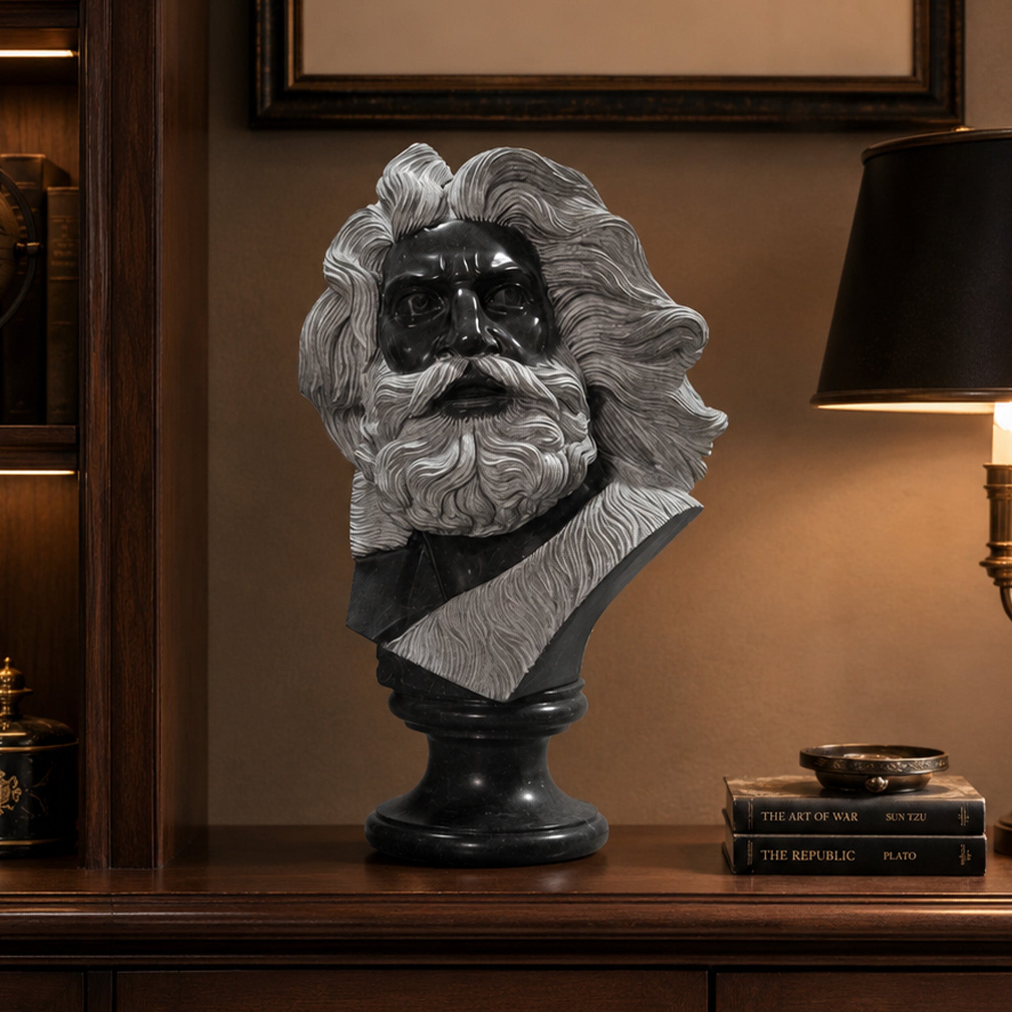 Karl Marx black stone bust statue displayed in a study room with books and warm lighting, designed for library decor, scholar spaces, and collector interiors