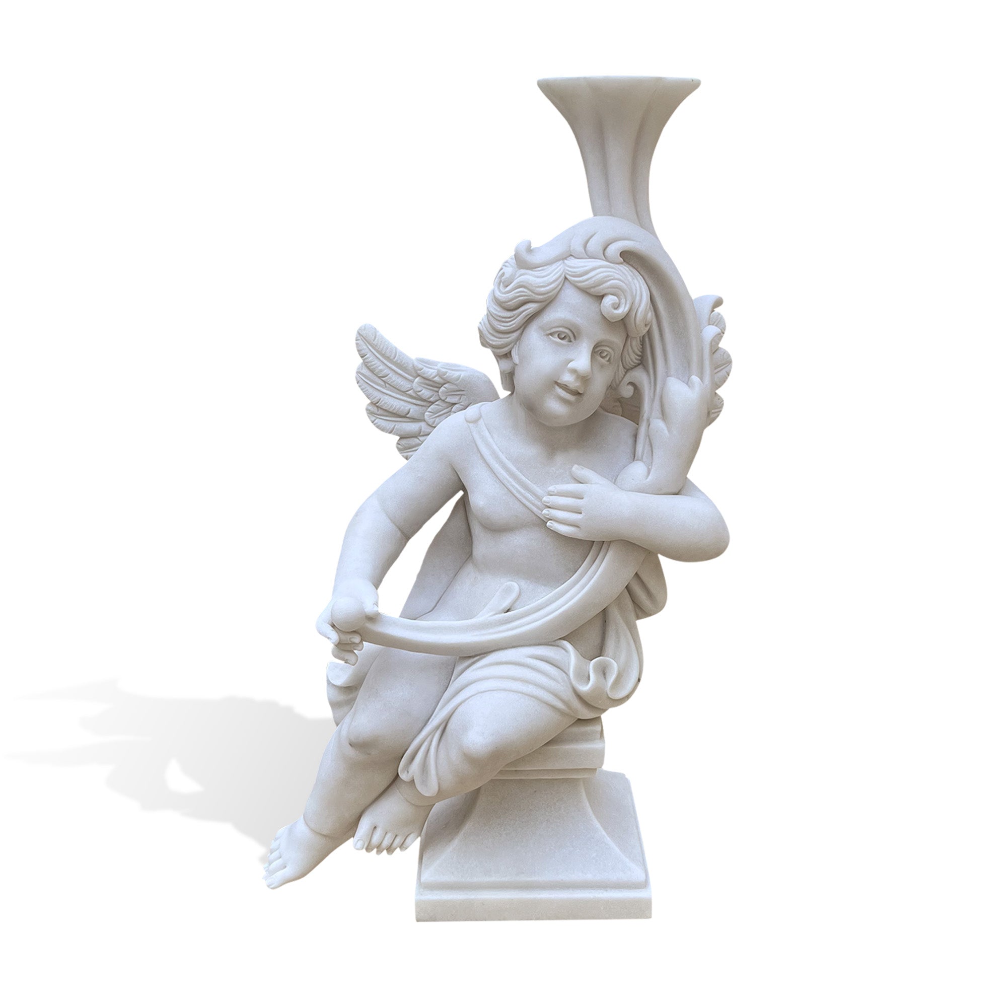 Garden Blessing white marble cherub statue with winged angel figure, classical cornucopia design, carved hair, soft facial expression, seated pose, and square base on white background