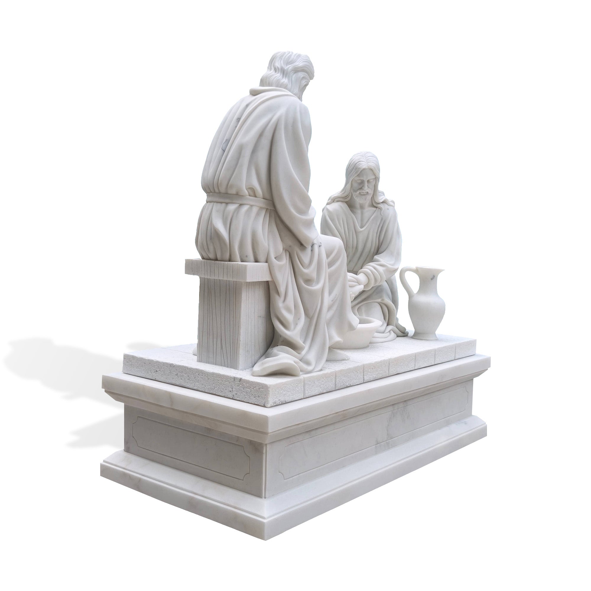 Jesus washing the disciple’s feet marble sculpture with seated Christ, kneeling disciple, water basin, flowing robes, and white marble finish on white background