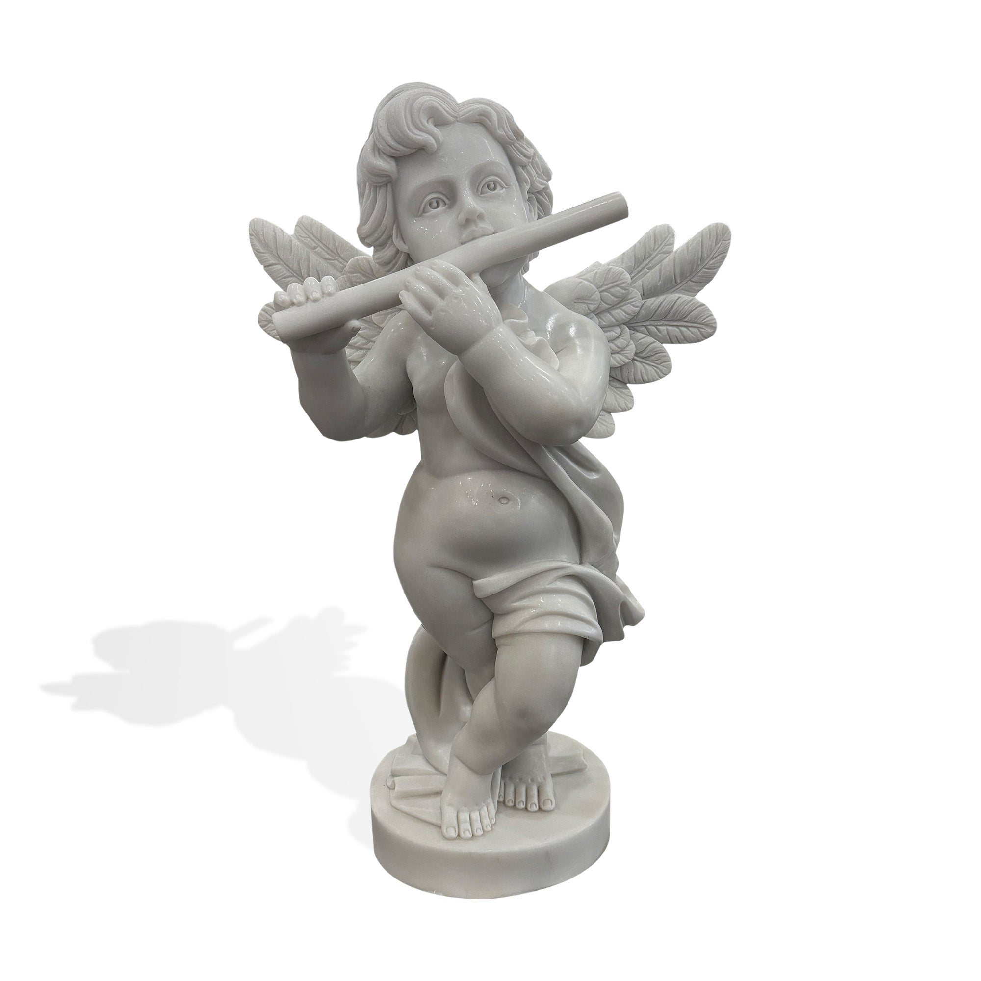 Marble angel flute statue with feathered wings, child cherub figure, carved hair, draped cloth, round base, and white marble finish on white background