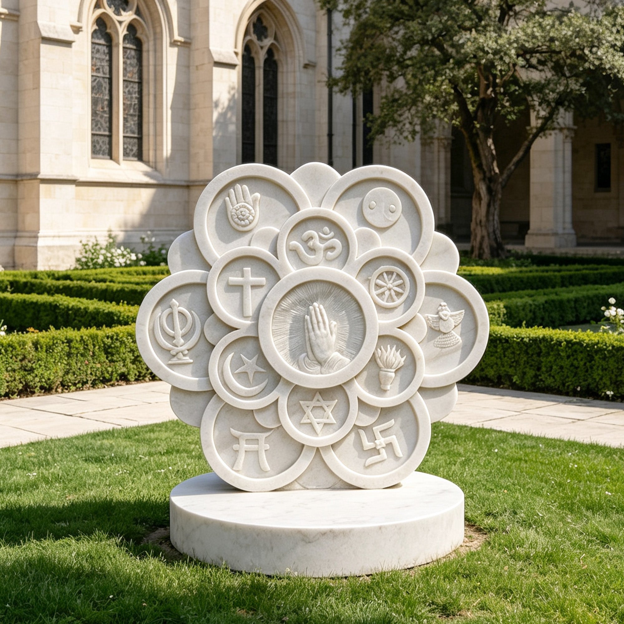Unity Bloom white marble interfaith unity sculpture with central praying hands relief, multi-faith religious symbols, lotus-style circular design, and round marble base