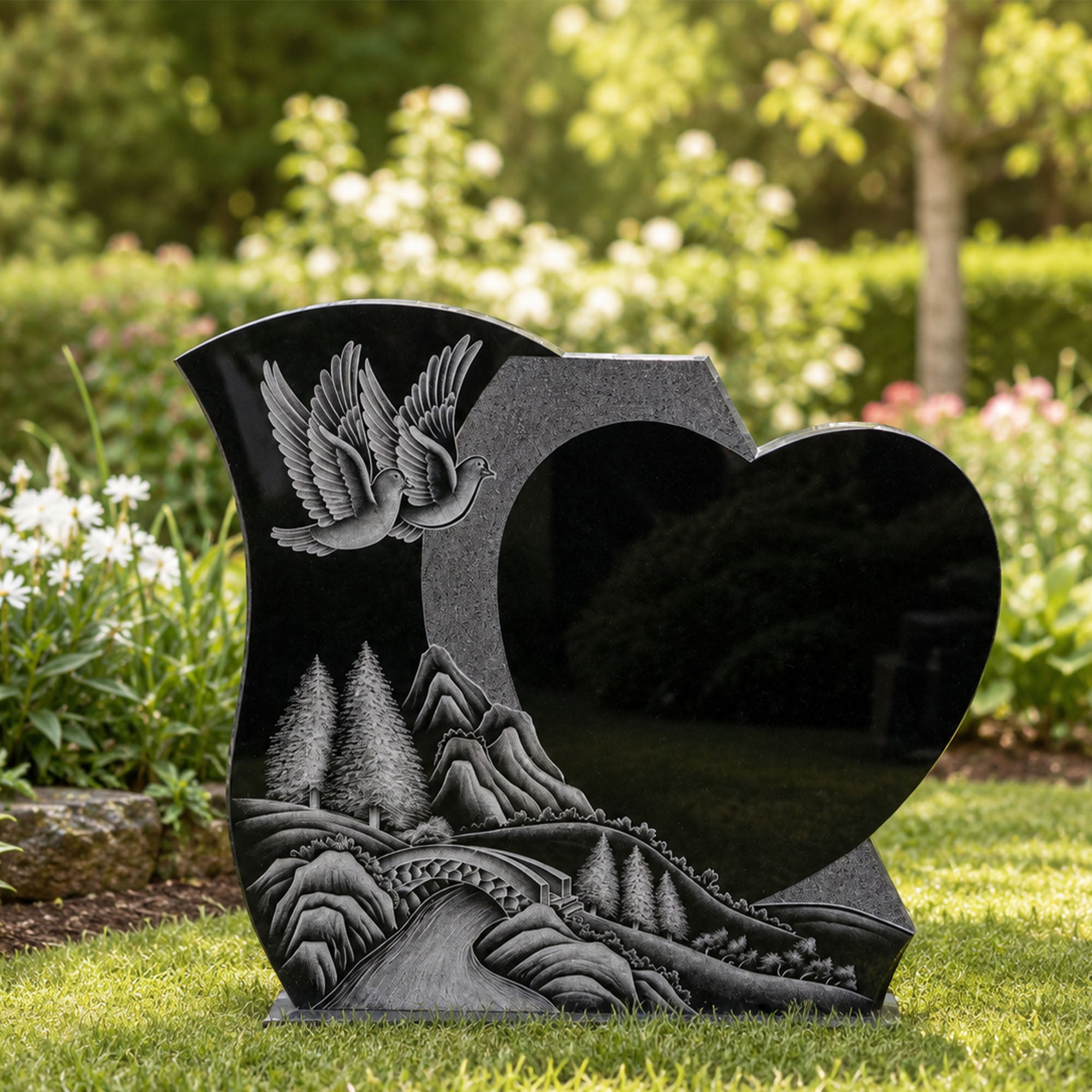 Black granite heart memorial headstone installed in a garden, featuring polished stone surface, engraved flying doves, mountain landscape, bridge, trees, and heart-shaped design