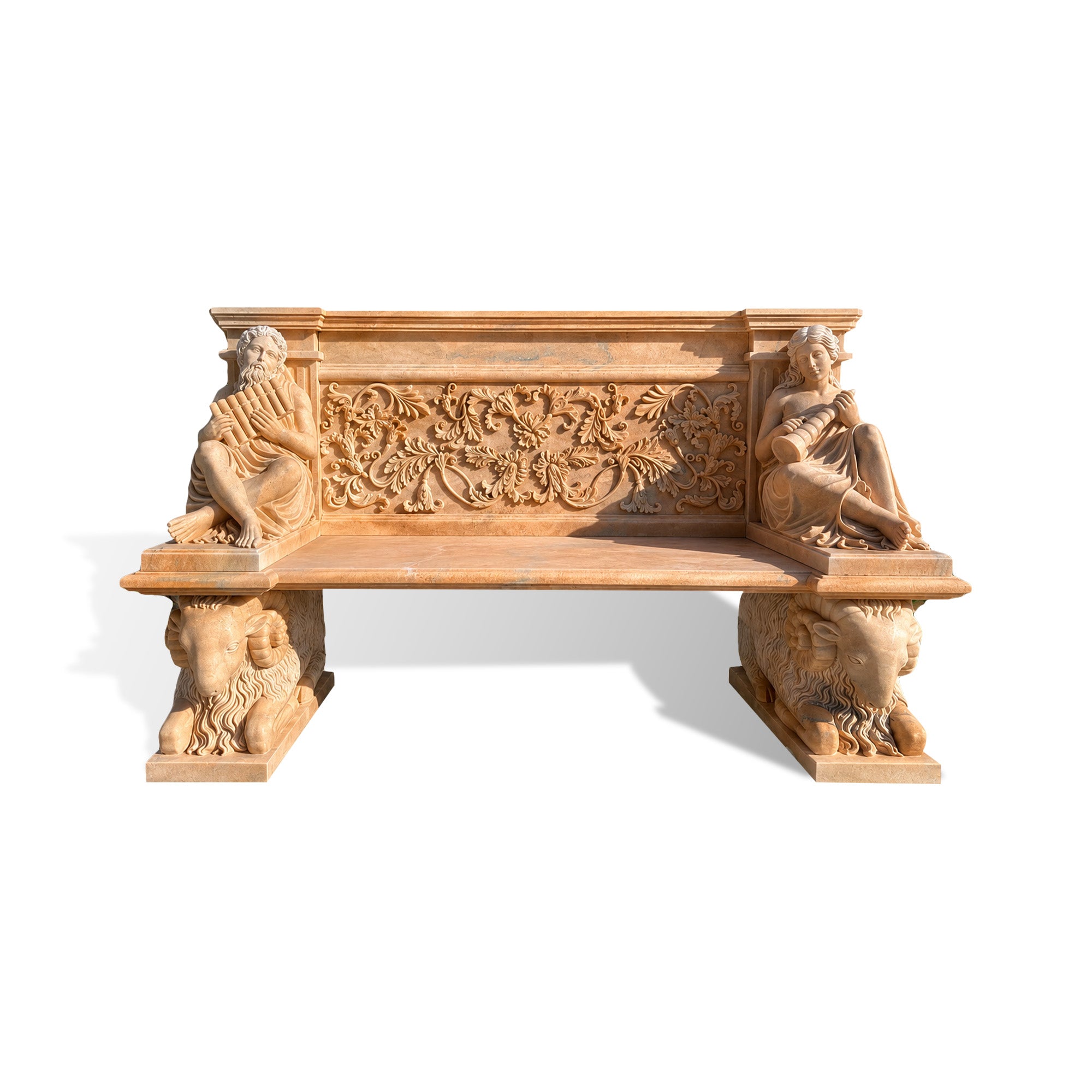Bacchic style marble garden bench replica with seated classical musician figures, ornate acanthus leaf relief, ram-head base supports, carved armrest platforms, and warm beige marble finish on white background
