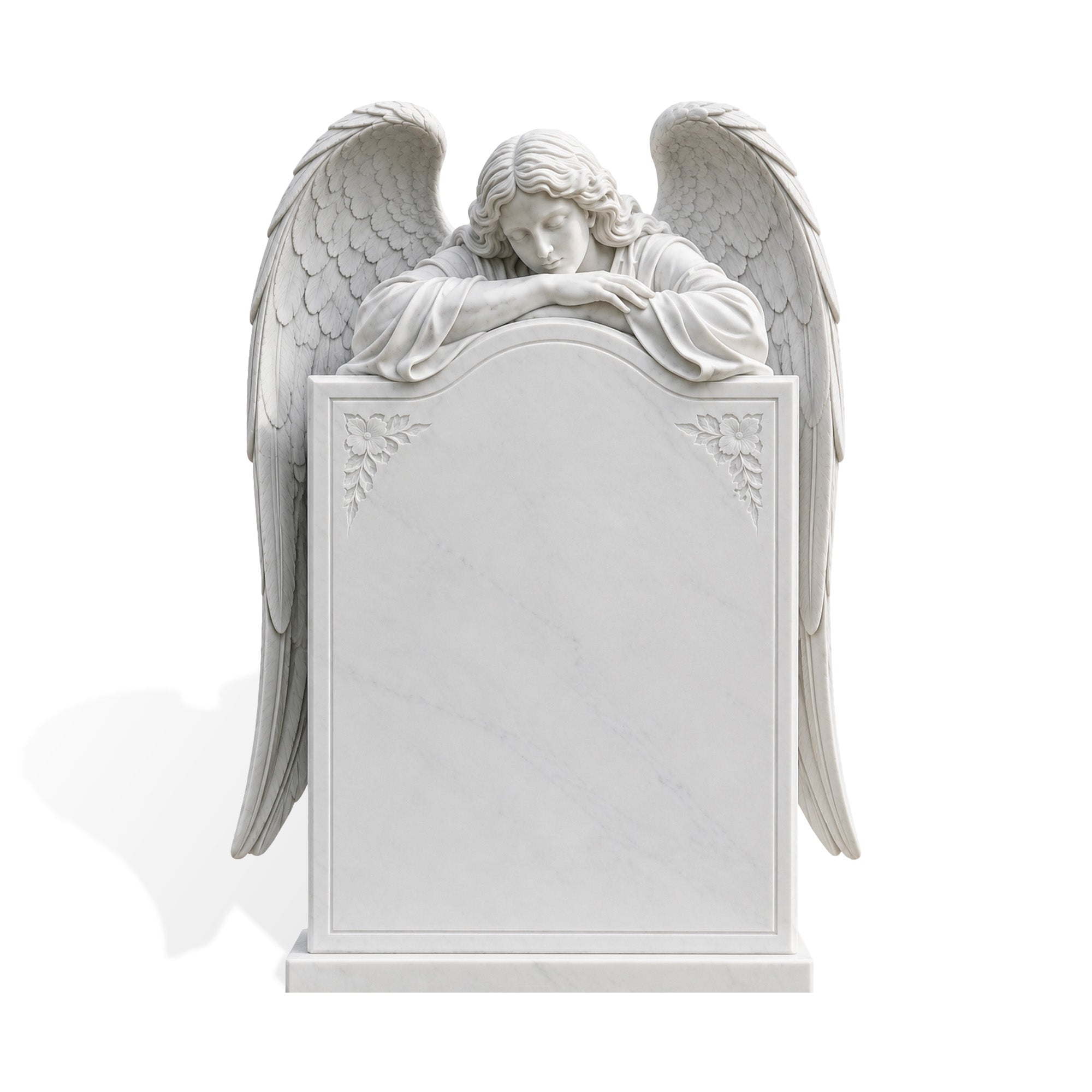 White stone gravestone monument featuring a resting angel with detailed wings