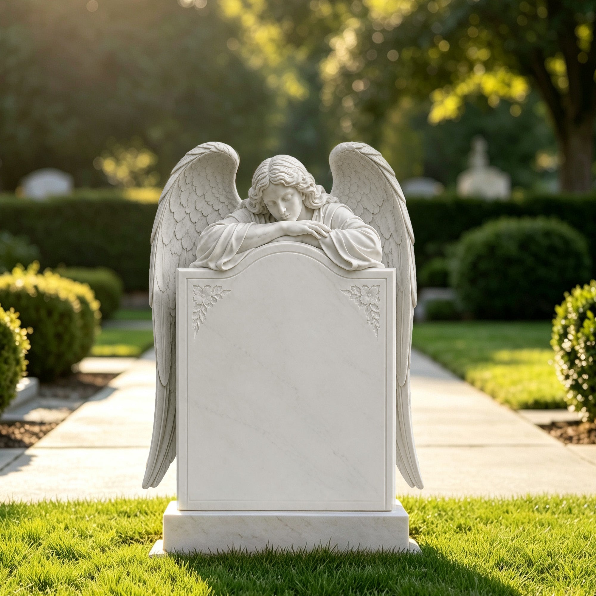 Carved marble angel memorial stone displayed in a landscaped cemetery
