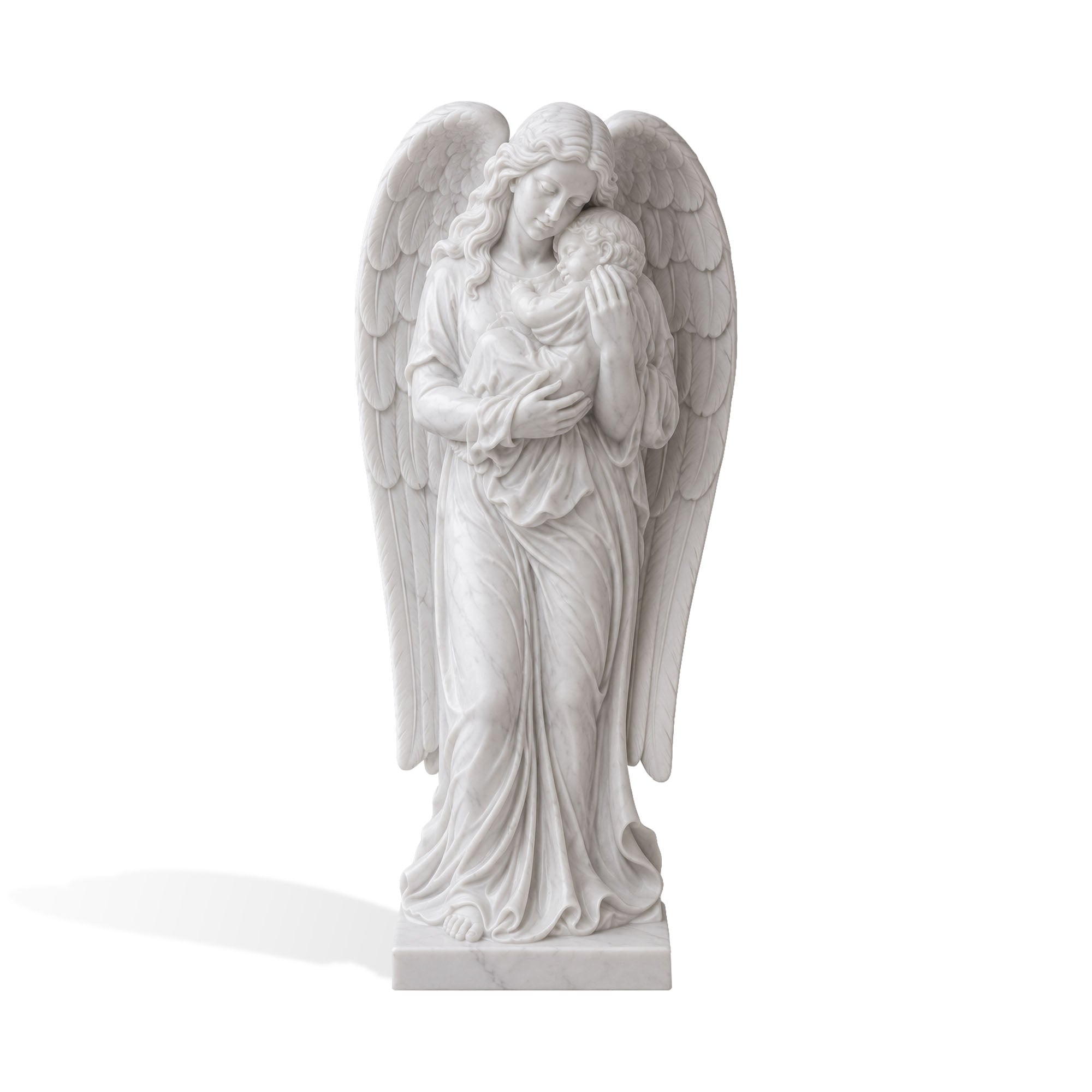 Hand carved white marble angel holding a baby sculpture with detailed wings and flowing robes
