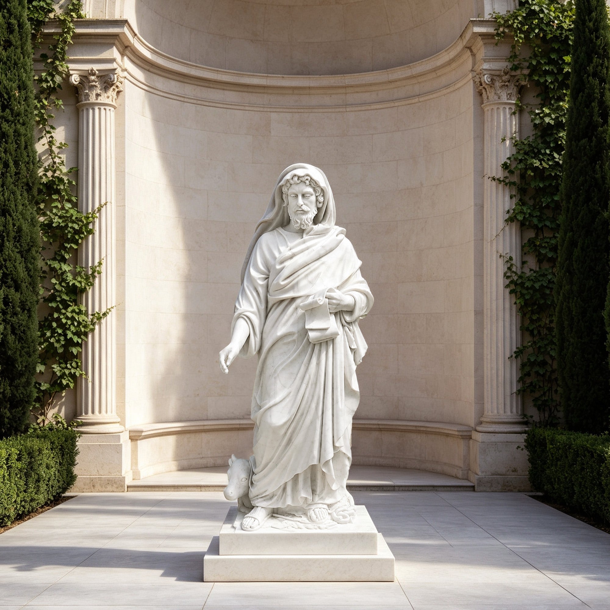 Saint Luke marble statue with scroll and ox displayed in a classical church garden