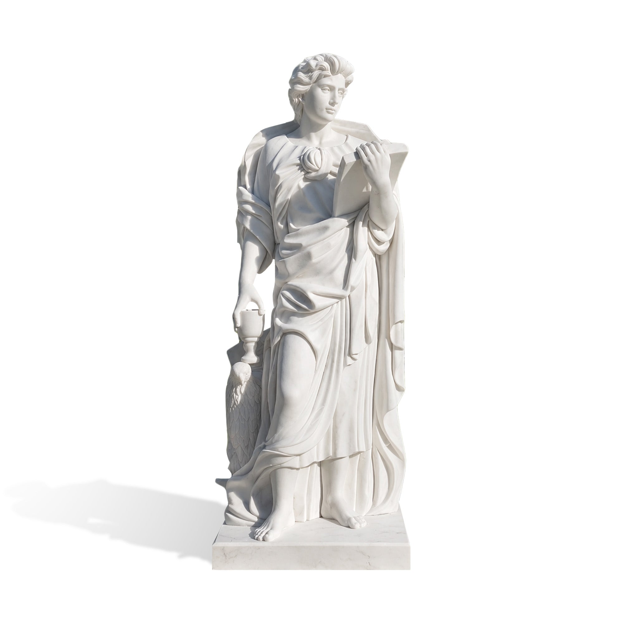 White marble Saint John the Evangelist statue holding scripture with eagle and chalice