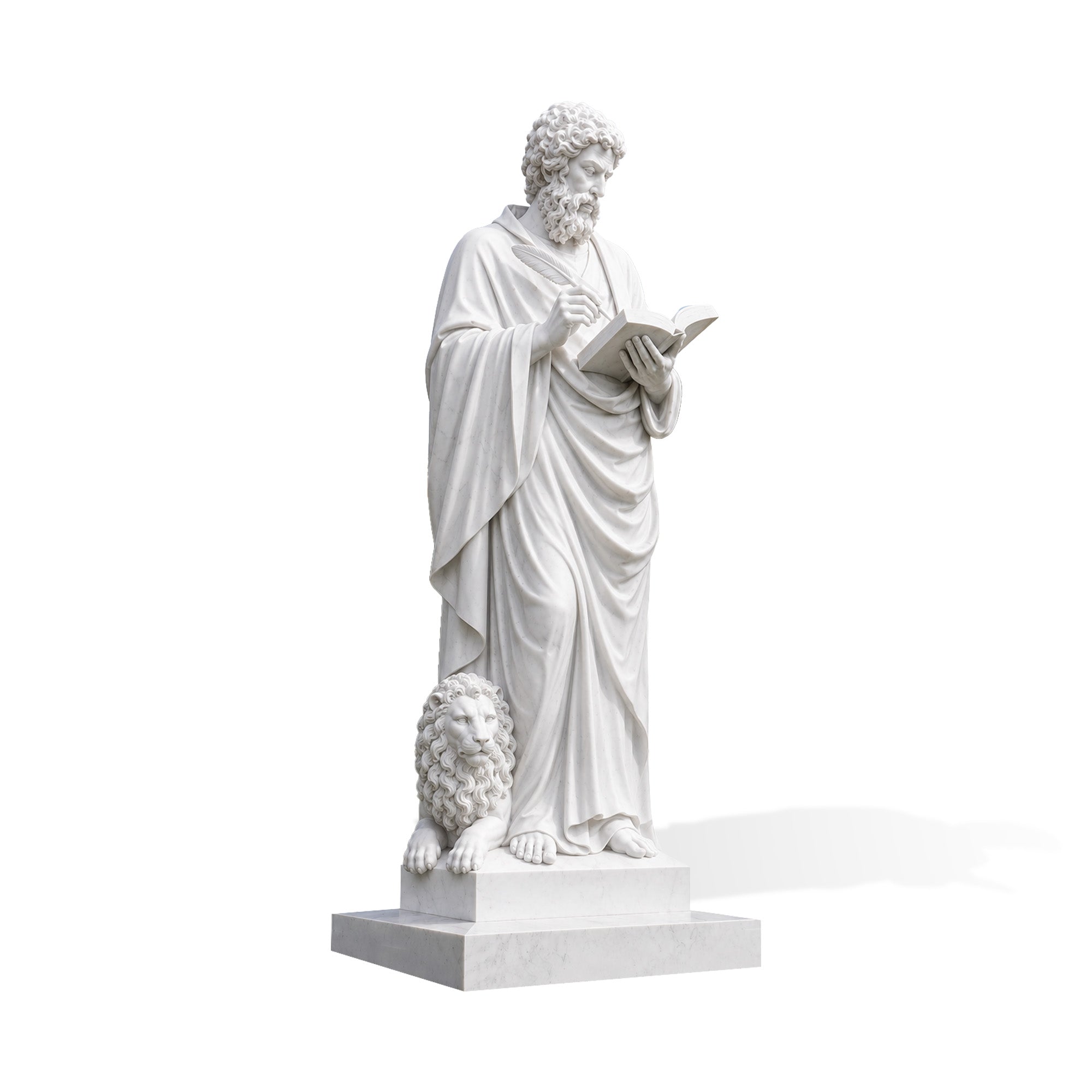 Catholic Saint Mark marble statue holding a book with his symbolic lion