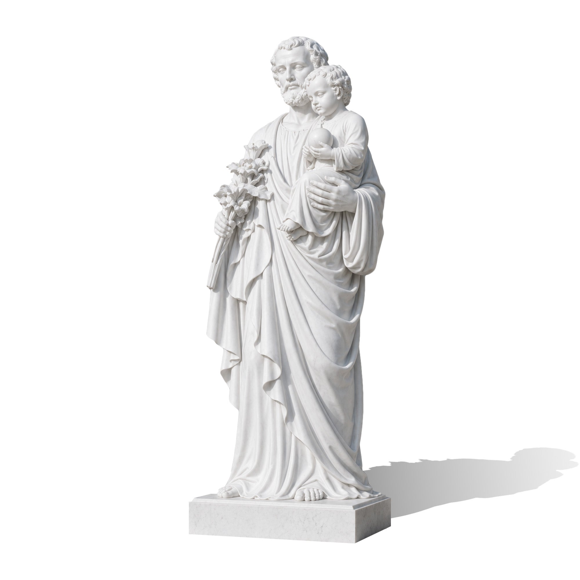 White marble Saint Joseph statue with Baby Jesus and lily symbol Catholic religious sculpture