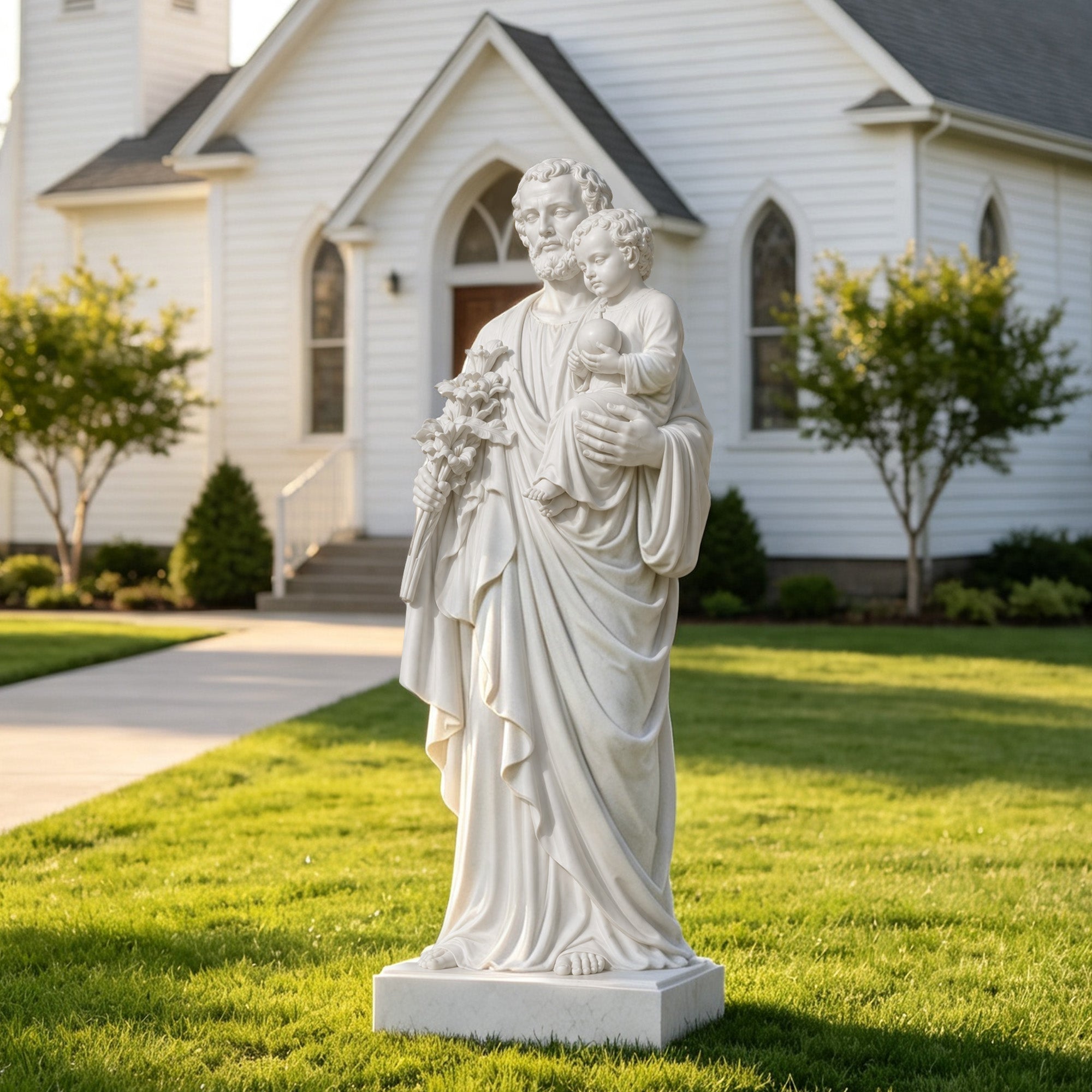 Saint Joseph marble statue holding Baby Jesus and lily flower displayed outside a Catholic church