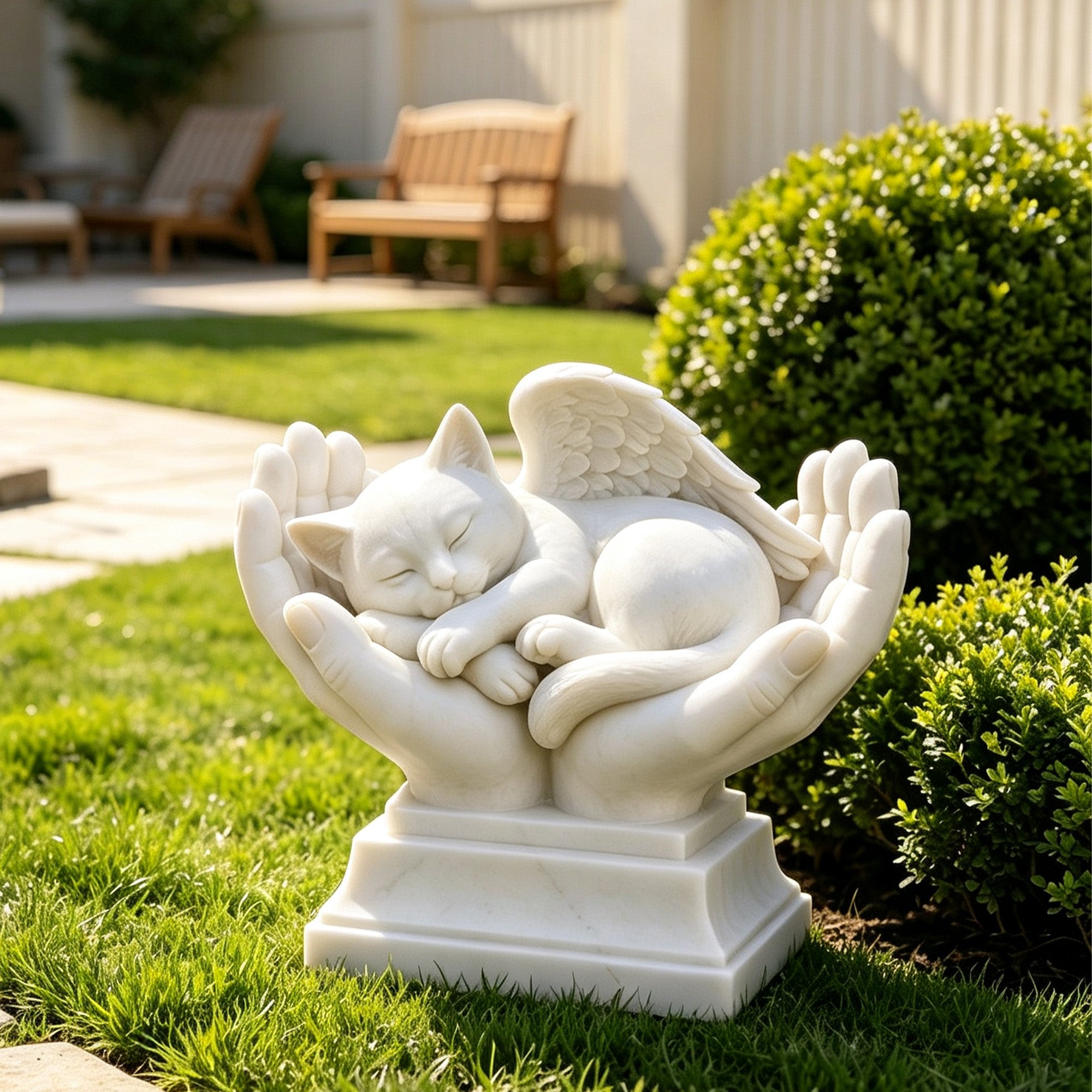 White marble angel wing cat pet memorial statue displayed in a garden