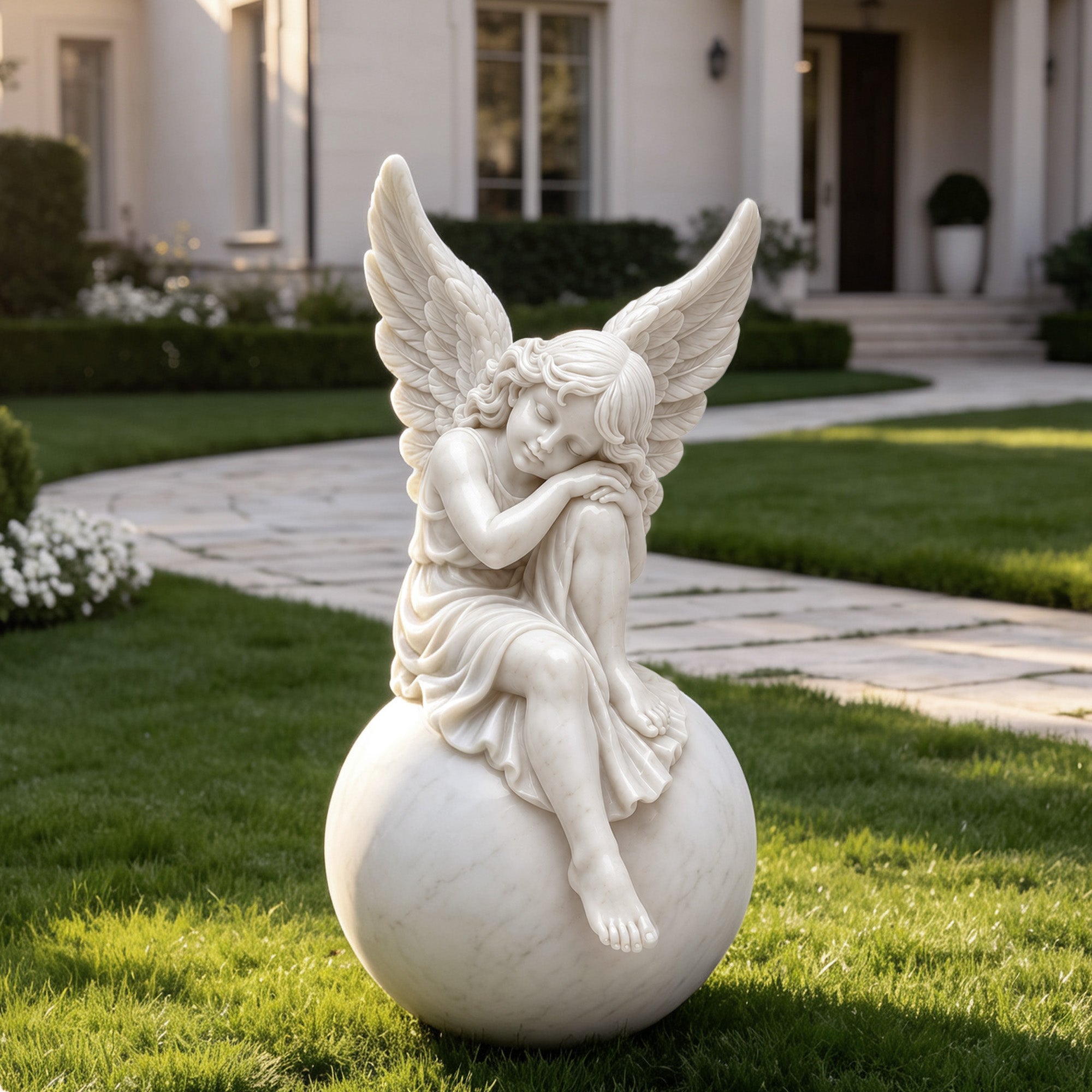 Hand carved white marble sleeping angel sculpture with large feathered wings
