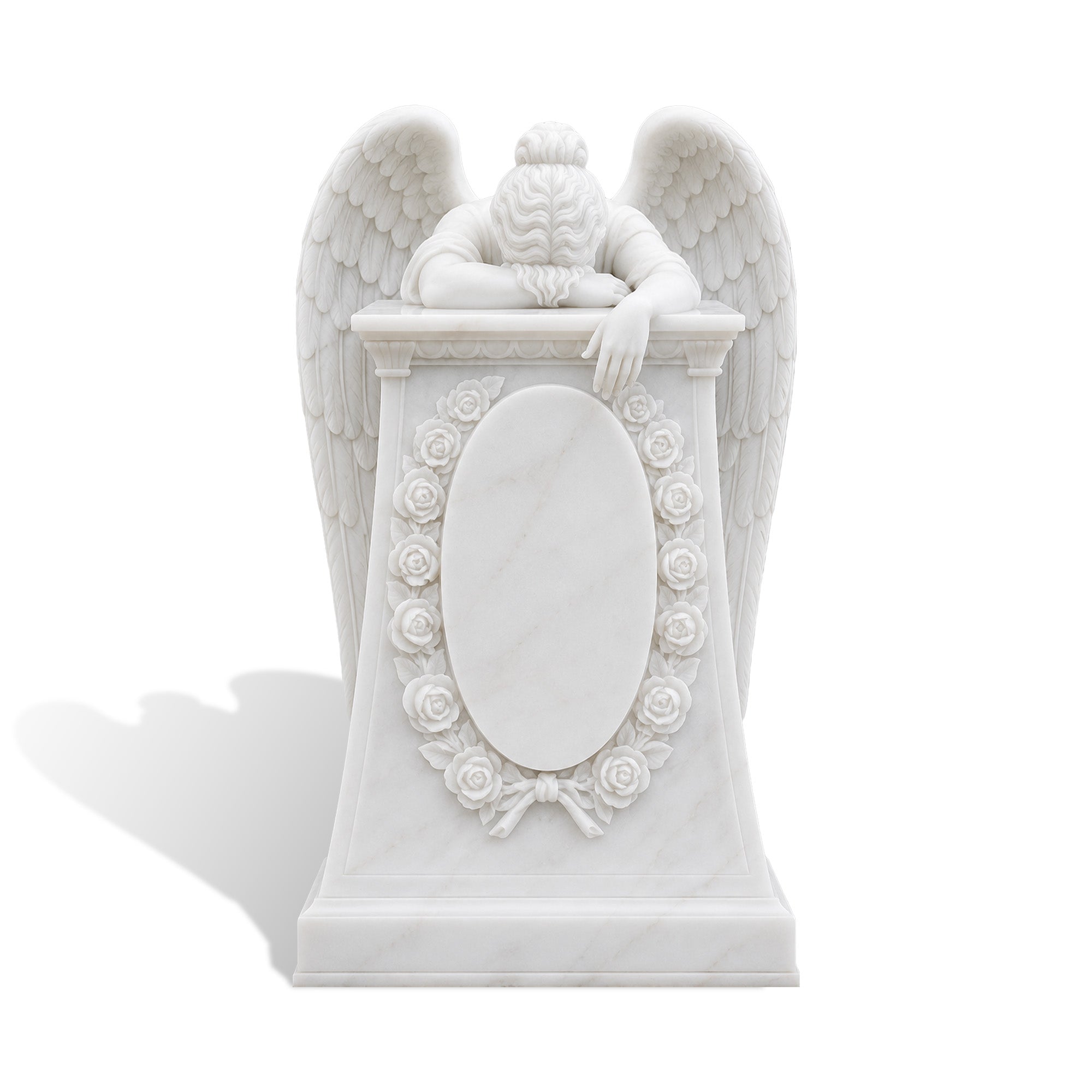 White marble memorial angel cemetery sculpture with carved wings, roses, and a memorial plaque