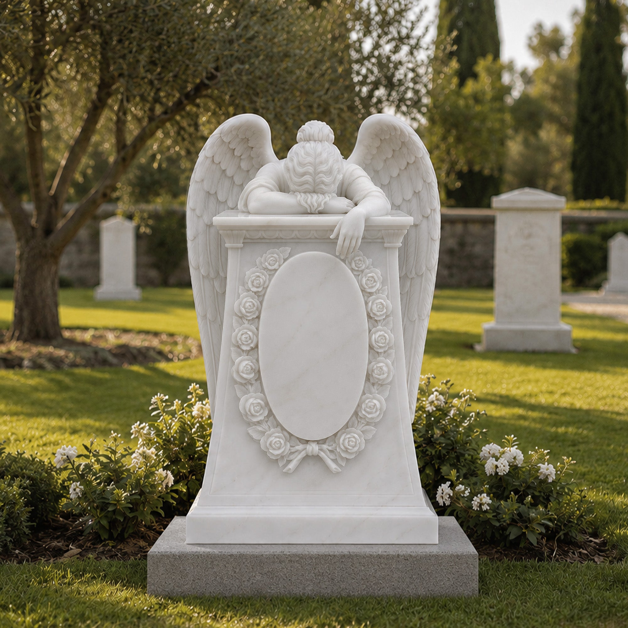 White marble memorial angel sculpture with floral details installed in a cemetery garden