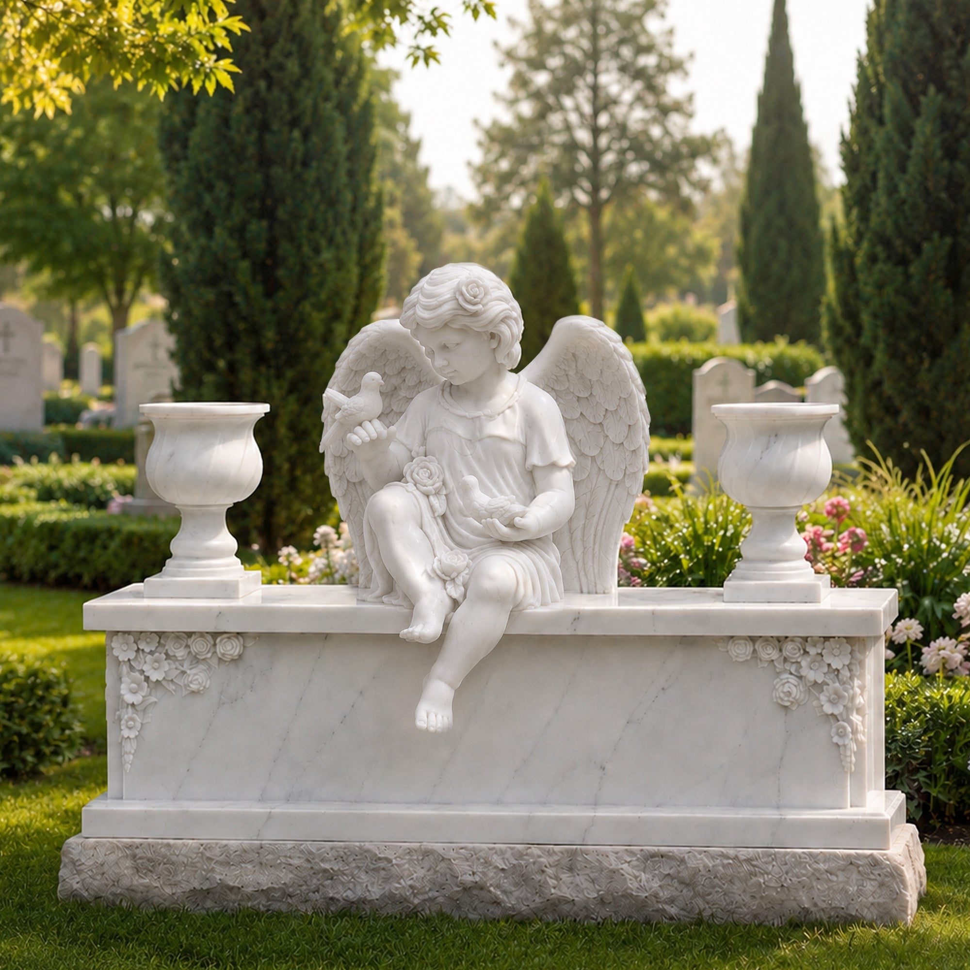 White marble angel cemetery monument with floral details and urns installed in a landscaped memorial garden