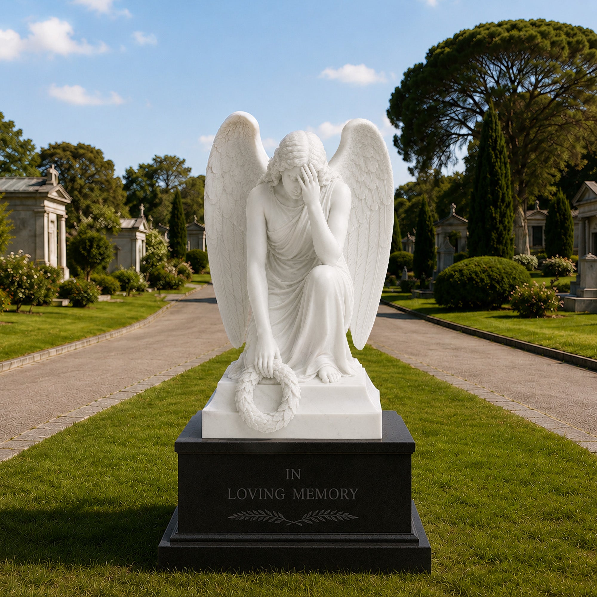 Kneeling white marble angel cemetery memorial statue with bowed head and laurel wreath on a grave monument
