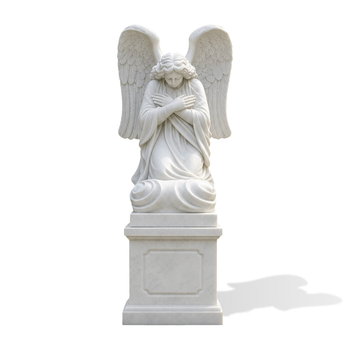 Hand-carved white marble angel memorial statue with folded arms, detailed wings and cloud base
