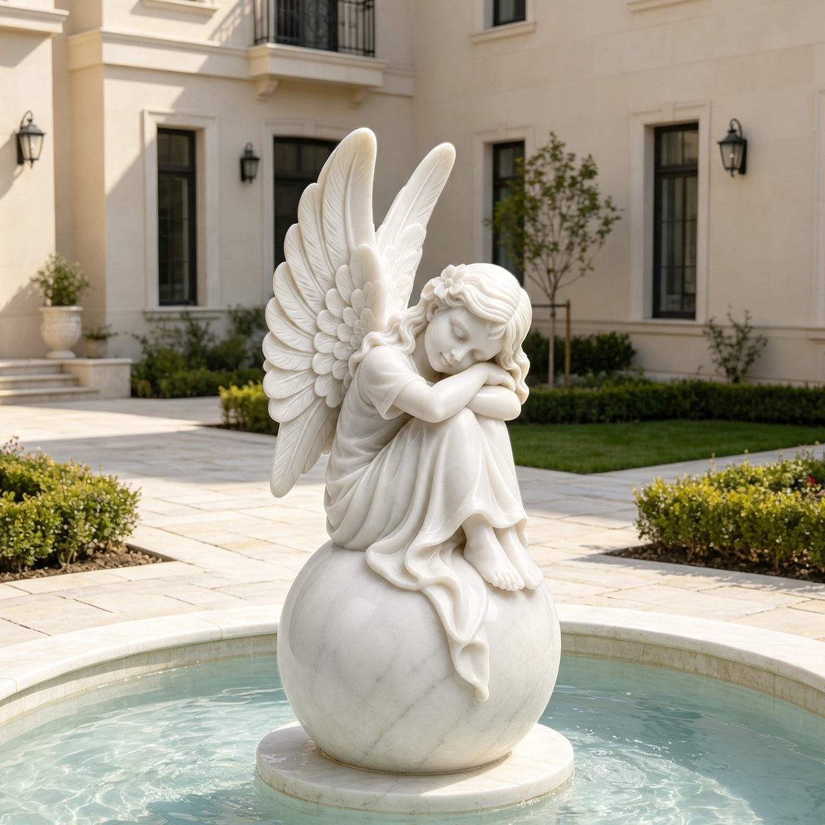 Hand-carved white marble angel sculpture featuring a serene seated girl with detailed feathered wings resting on a spherical base, displayed as a centerpiece in an elegant villa courtyard fountain.