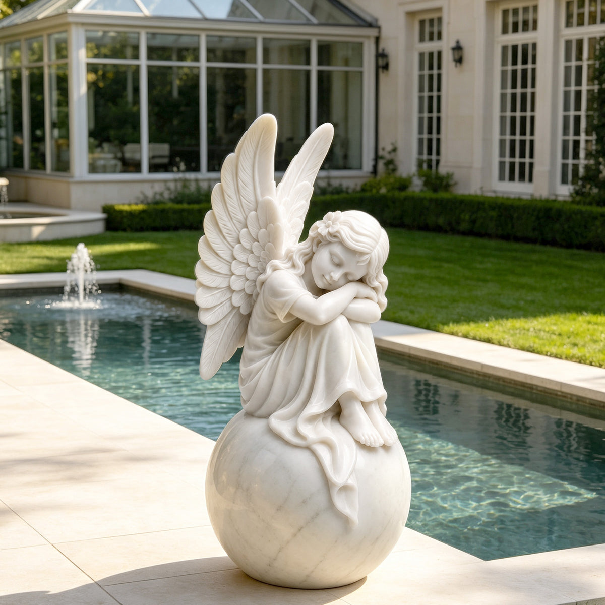 White marble angel garden sculpture with intricately carved wings and flowing robes, showing a sleeping seated girl resting on a round marble sphere beside a luxury residential pool and landscaped garden.