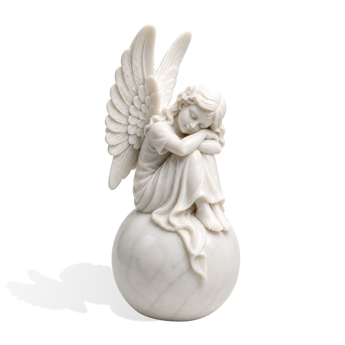 Front product view of a hand-carved white marble angel statue depicting a peaceful seated girl with folded arms, flowing dress, floral hair detail, large feathered wings, and a polished spherical marble base.