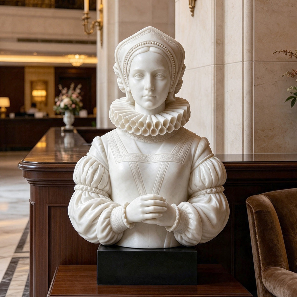White marble Renaissance woman bust displayed on a dark pedestal in an elegant luxury interior, featuring a sculpted headdress, dramatic ruff collar, voluminous period sleeves, folded hands, and refined historical costume details.